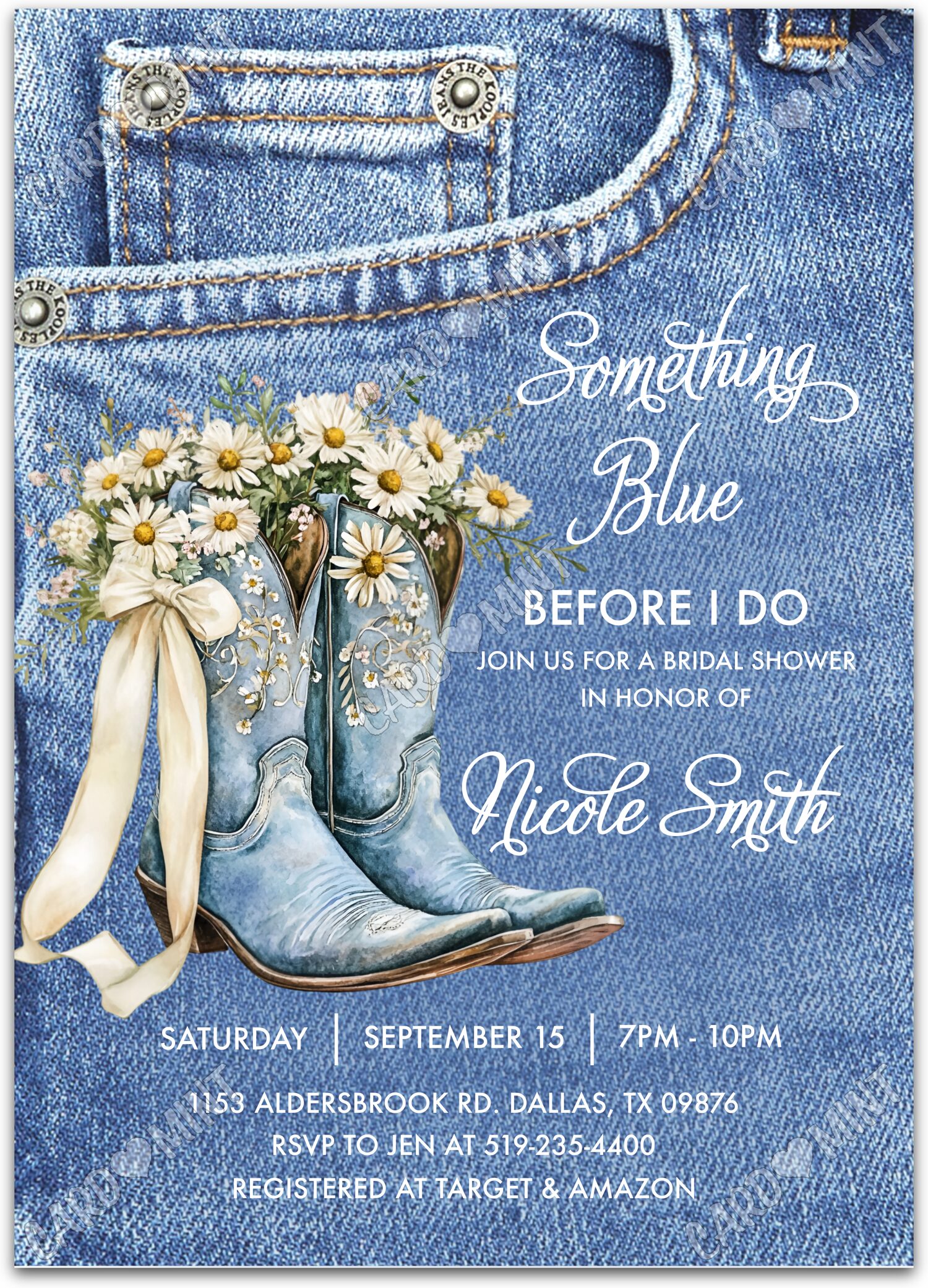 Editable Cowgirl Boots blue cowgirl denim & daisies Douche nuptiale Invitation EV1986