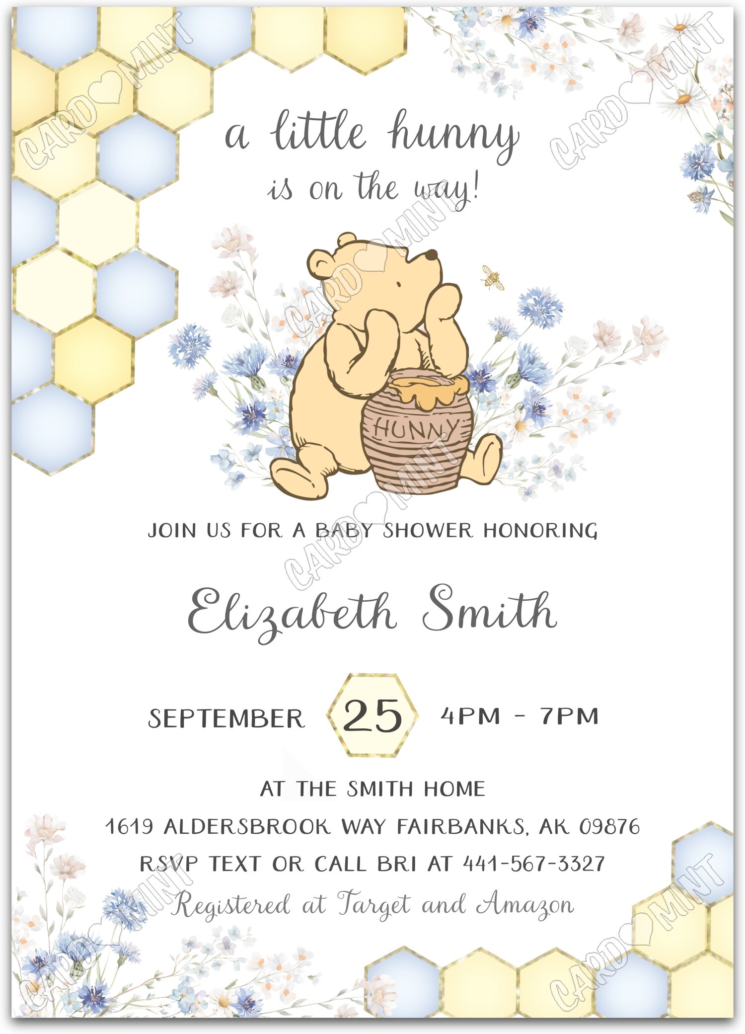 Editable Little Hunny Pooh Bear white yellow, blue & Douche de bébé 5"x7" Invitation EV1988