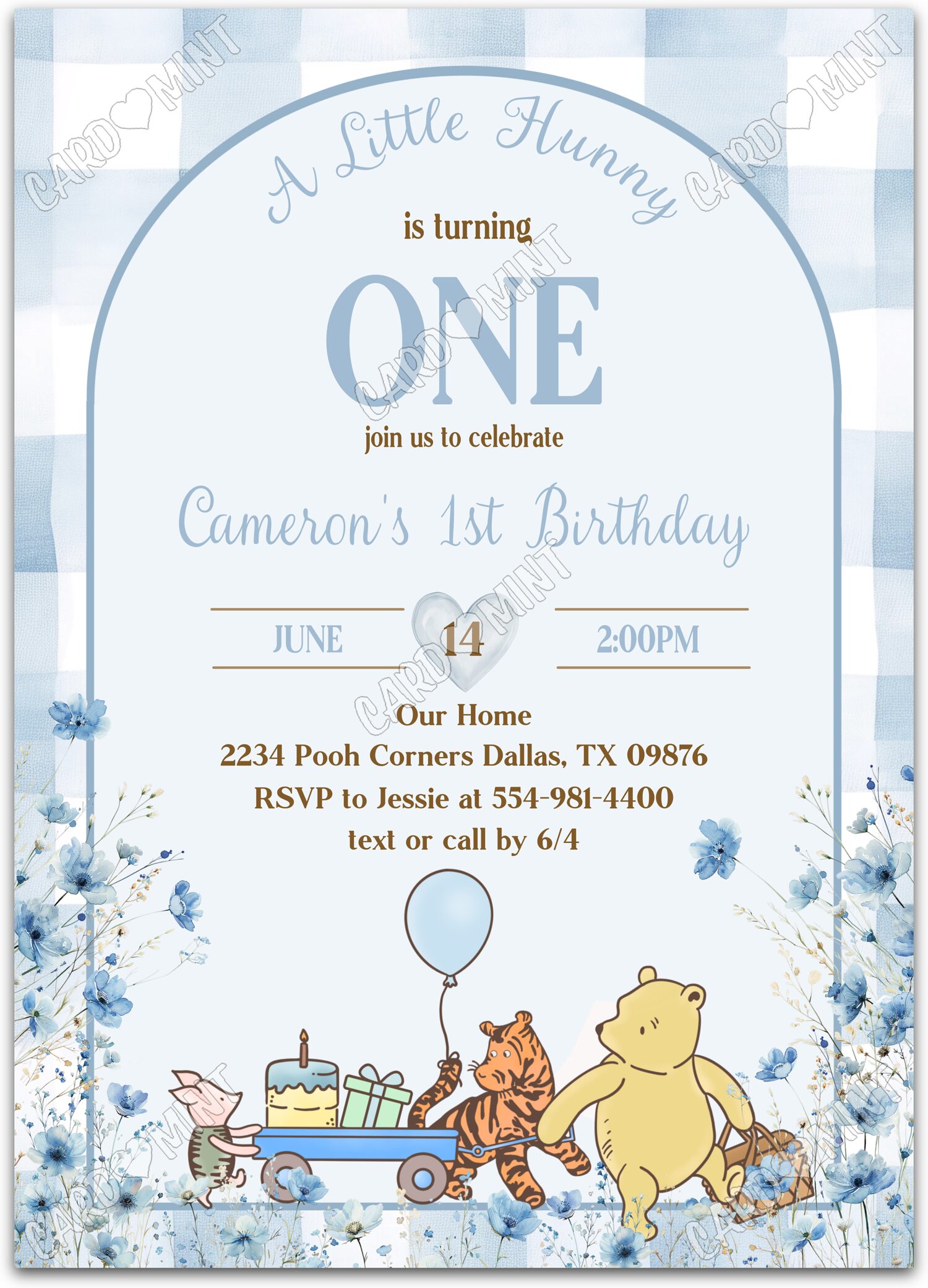 Editable Winnie the Pooh Pooh & friends in white & blue gingham boy First Fête d'Anniversaire 5"x7" Invitation EV1990