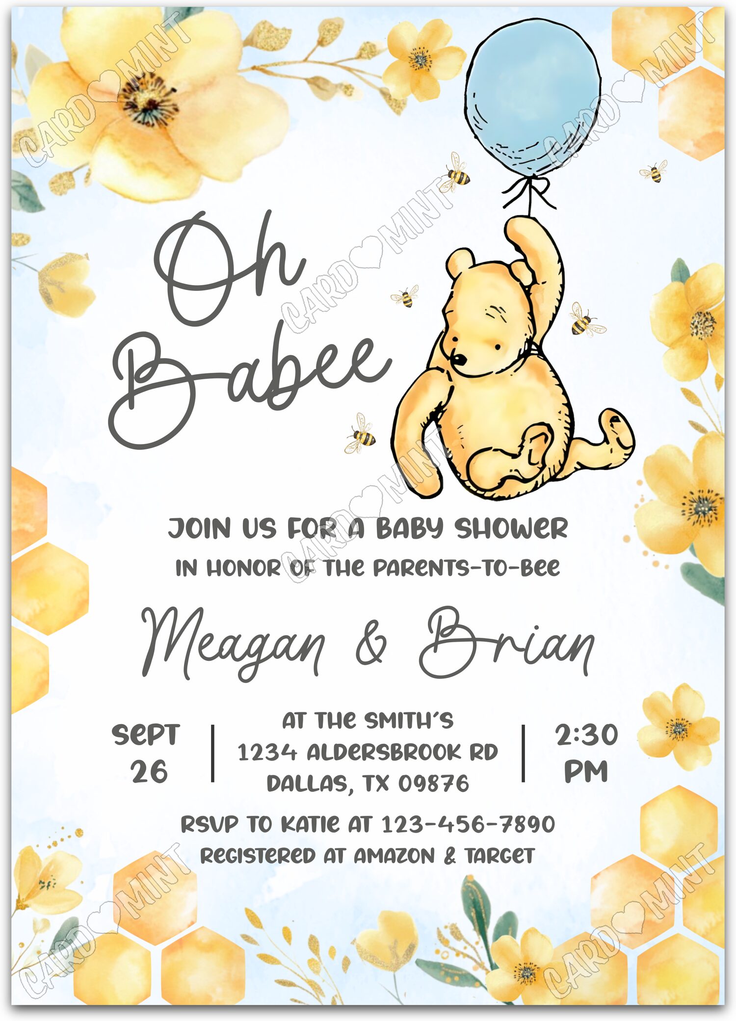 Editable Winnie the Pooh blue balloon, honey bees & yellow buttercups boy Douche de bébé 5"x7" Invitation EV1992