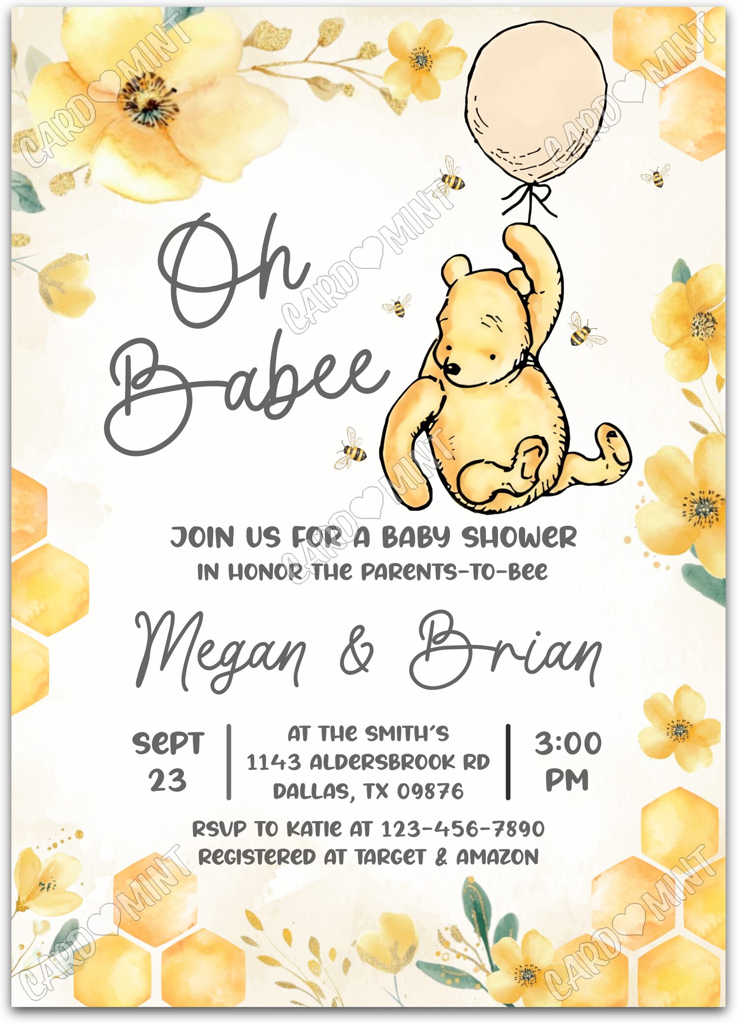 Editable Winnie the Pooh beige balloon, honey bees & yellow buttercups neutral Baby Shower 5"x7" Invitation EV1993