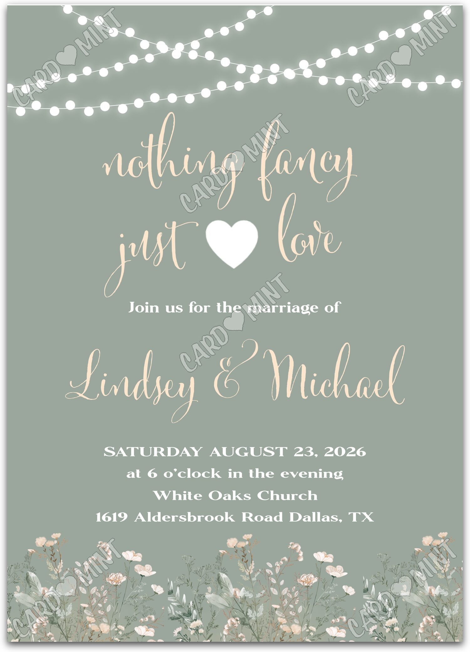Editable Nothing Fancy Just Love wildflowers & fairy lights Wedding Ceremony 5"x7" Invitation EV1995
