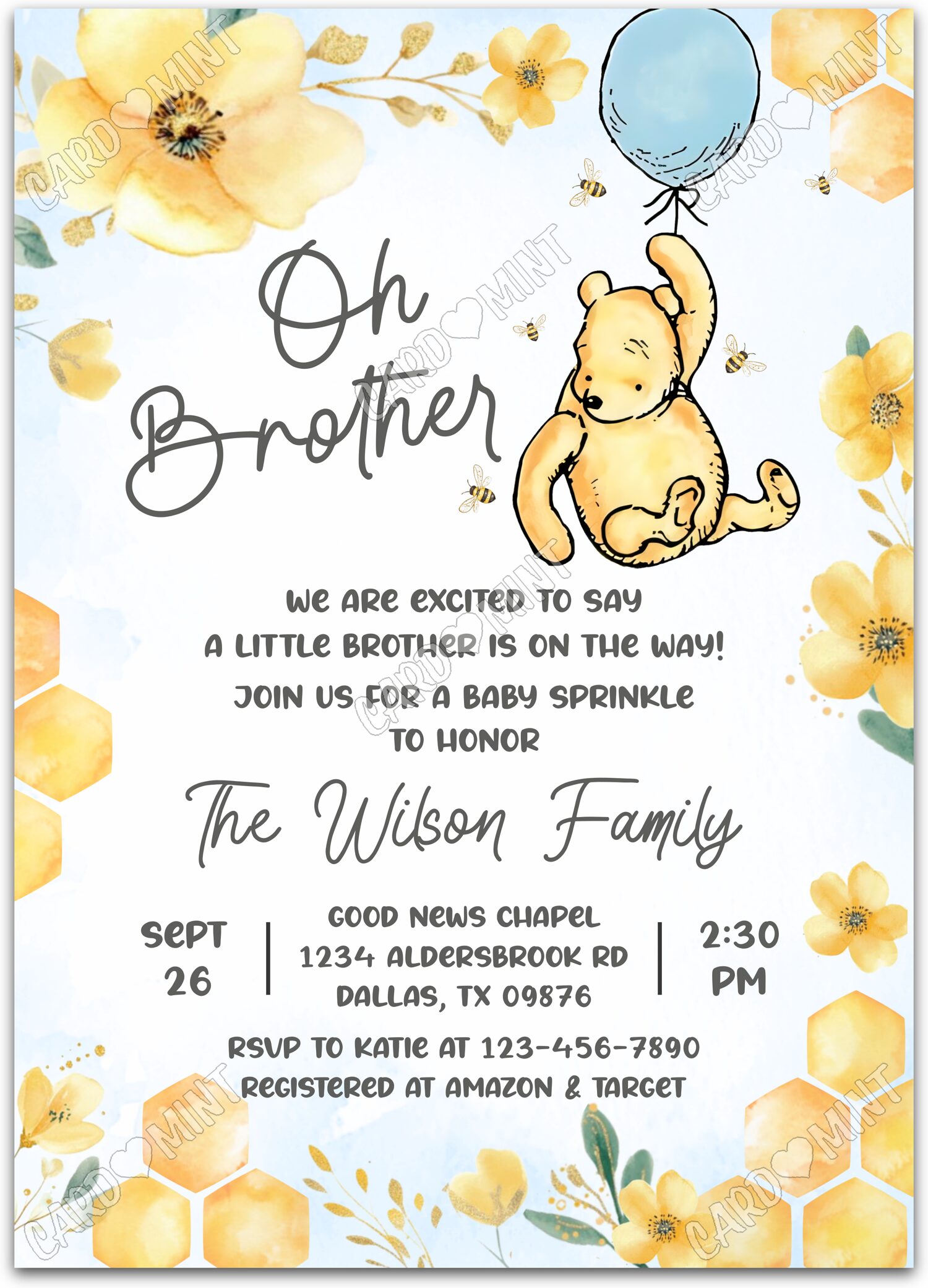 Editable Winnie the Pooh blue balloon, honey bees & yellow buttercups boy Baby Sprinkle 5"x7" Invitation EV1996