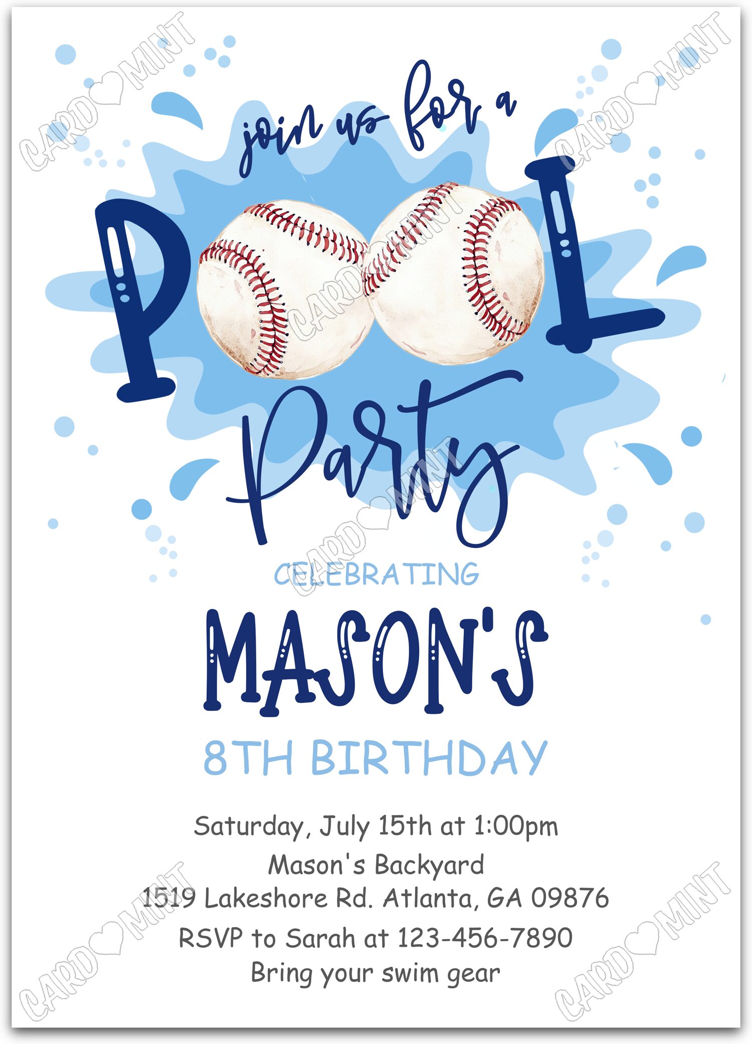 Editable Pool Party white big splash blue and Fête d'Anniversaire 5"x7" Invitation EV1998