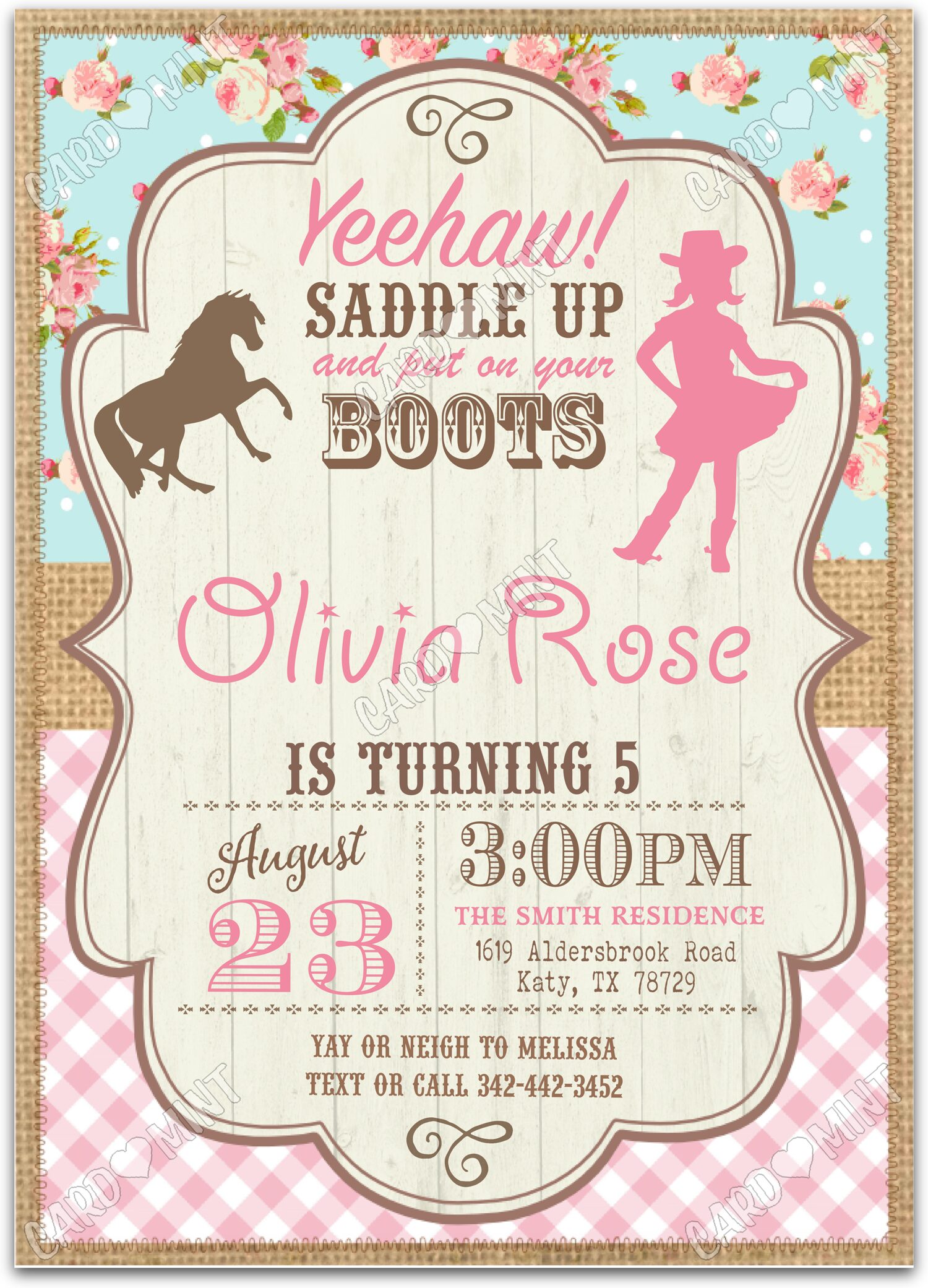 Editable Yeehaw! Saddle Up pink cowgirl & horse & gingham pattern girl Birthday Party 5"x7" Invitation EV2015