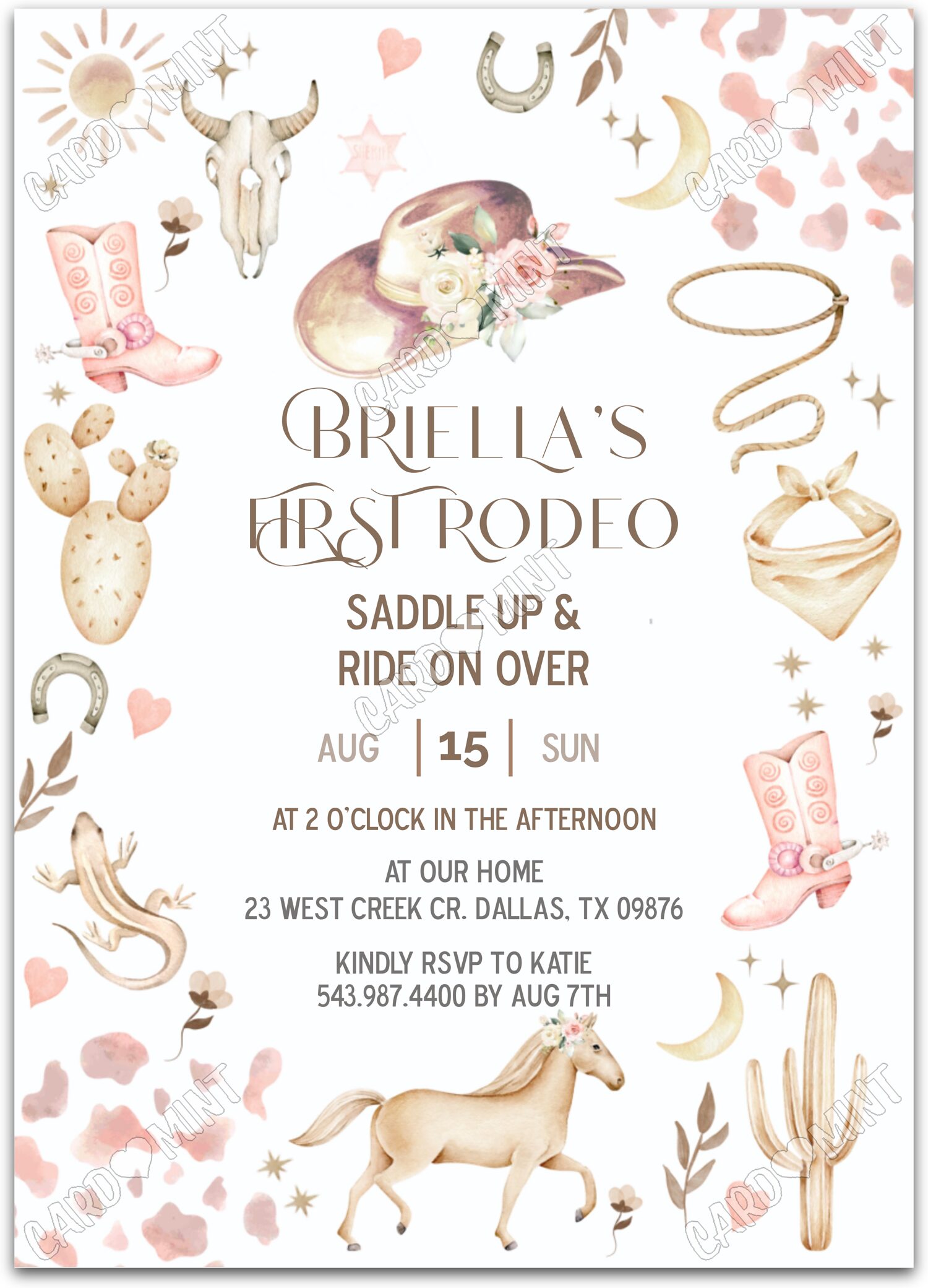 Editable First Rodeo peach cowgirl apparel girl First Birthday Party 5"x7" Invitation EV2016
