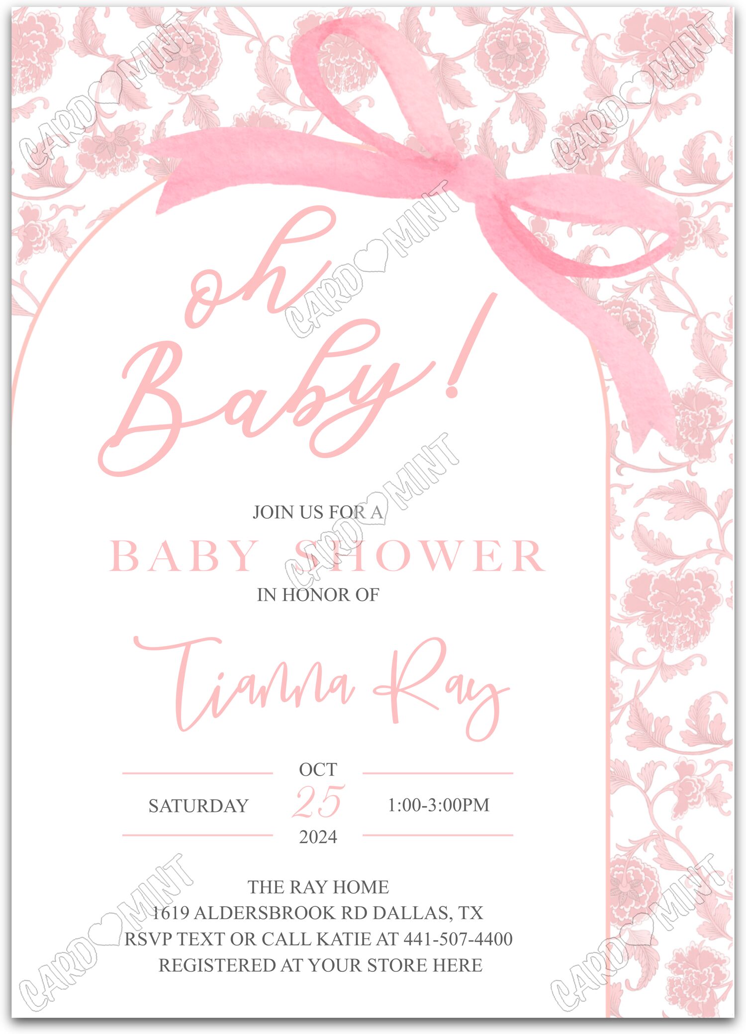 Editable Oh Baby pink preppy pink bow girl Douche de bébé 5"x7" Invitation EV2018