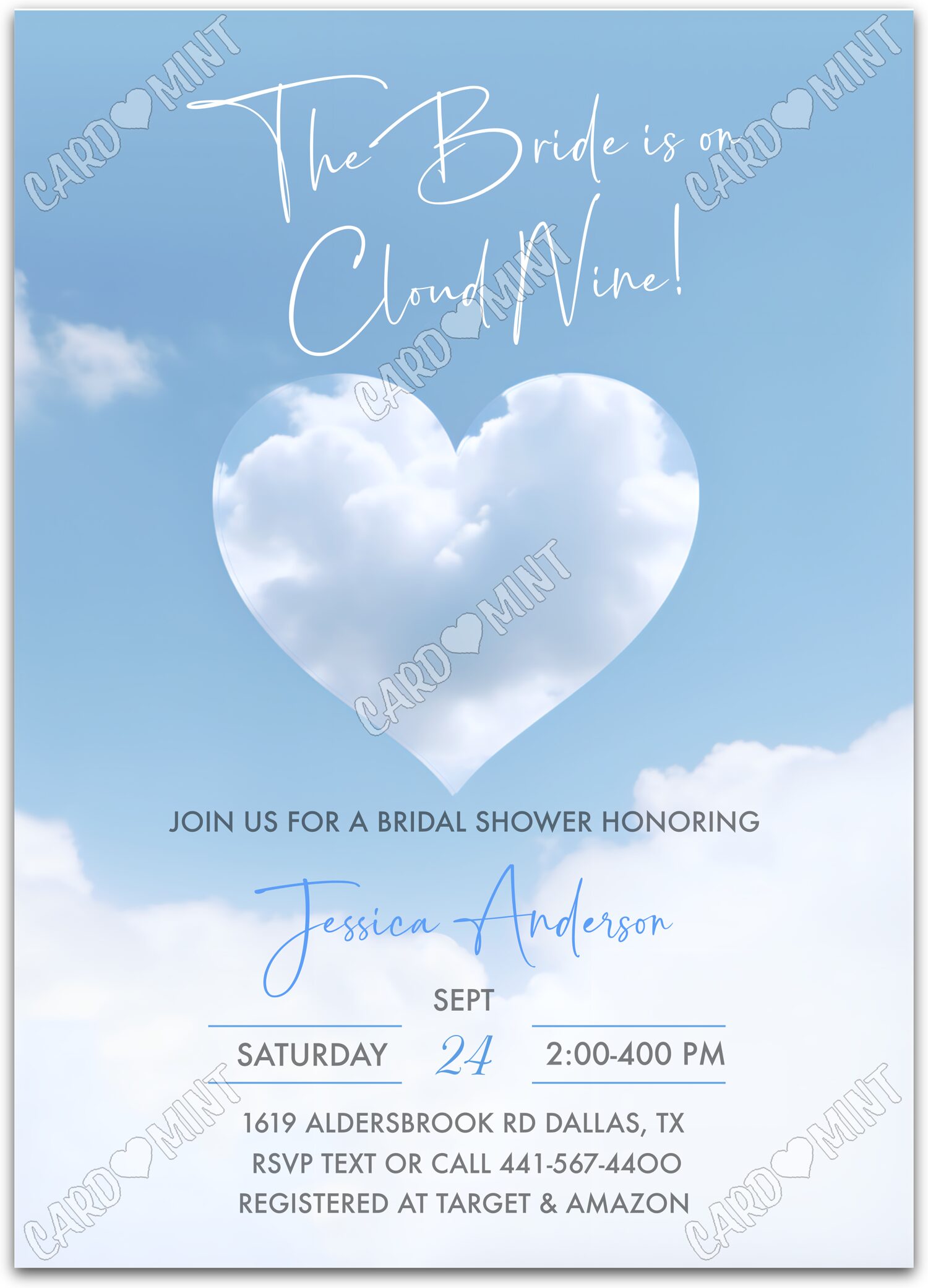 Editable The Bride is on Cloud Nine blue clouds Douche nuptiale 5"x7" Invitation EV2019