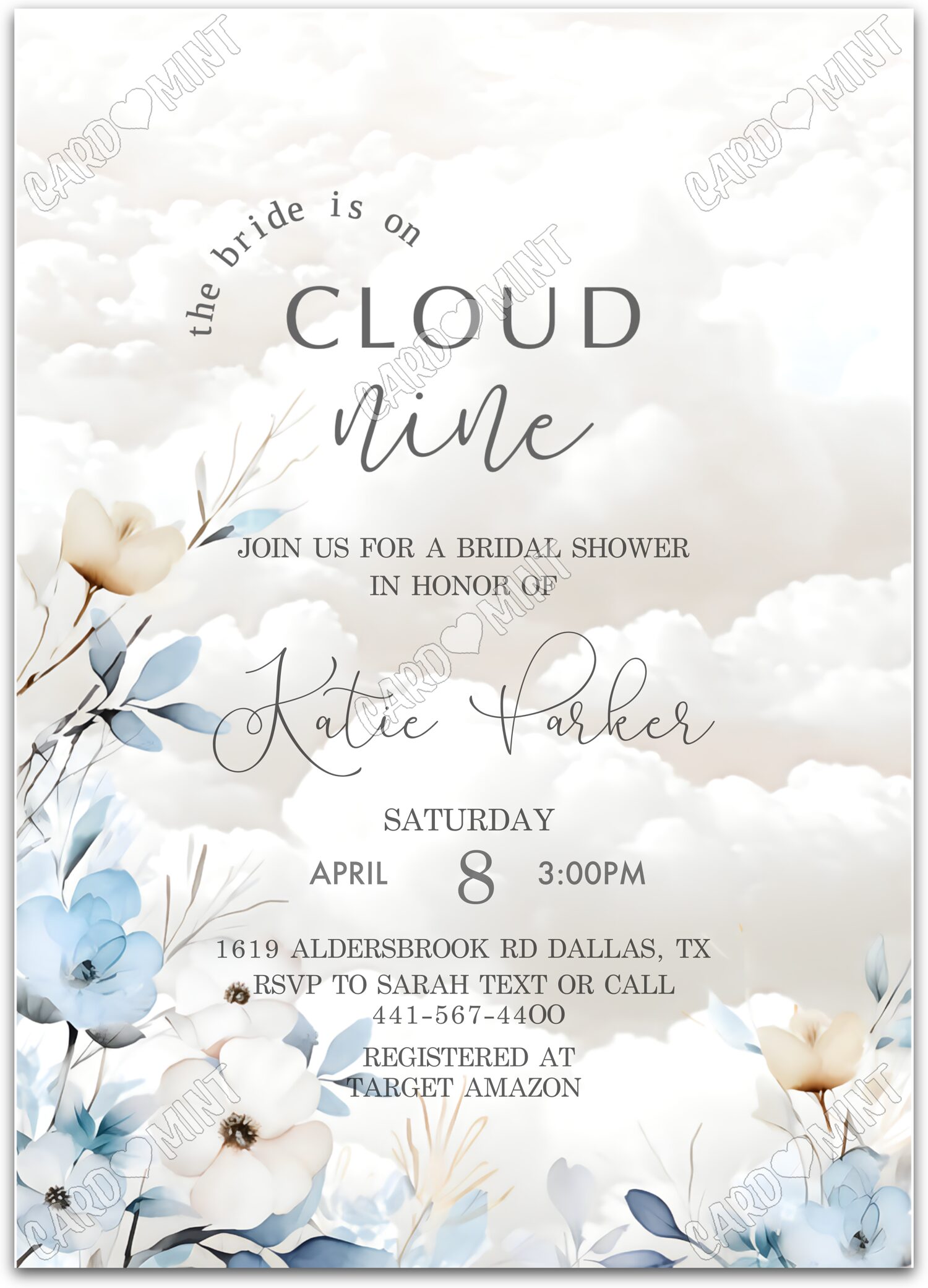 Editable The Bride is on Cloud Nine white flower petals Douche nuptiale 5"x7" Invitation EV2020