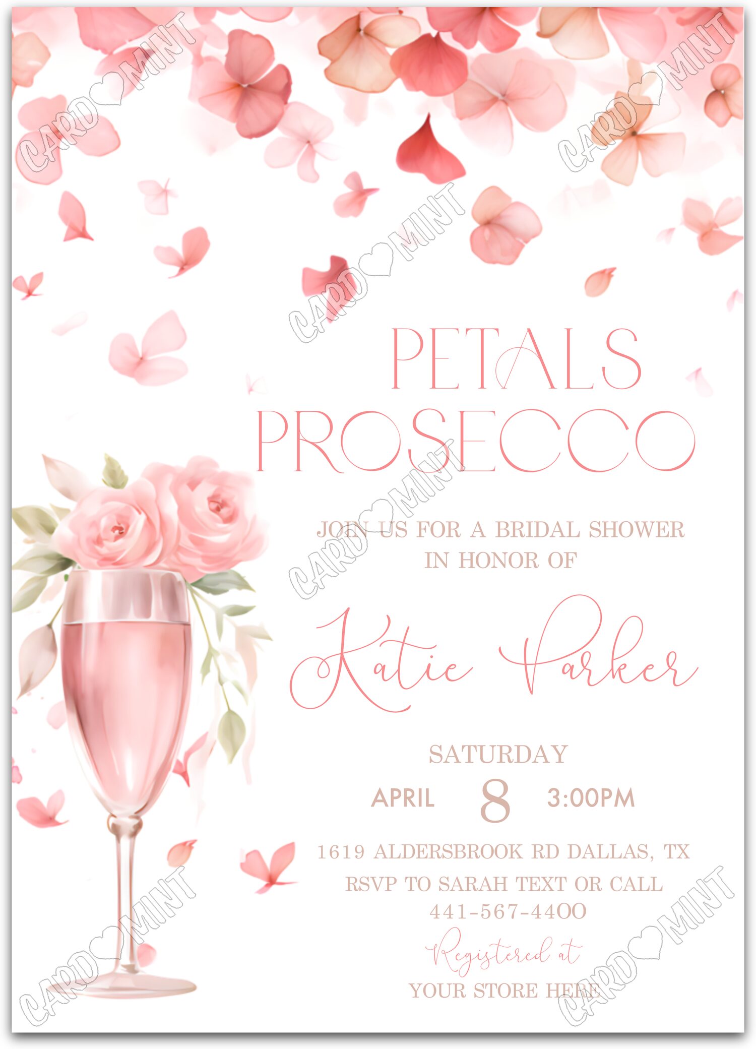 Editable Petals & Prosecco rose wine & blooms Douche nuptiale Invitation EV2022
