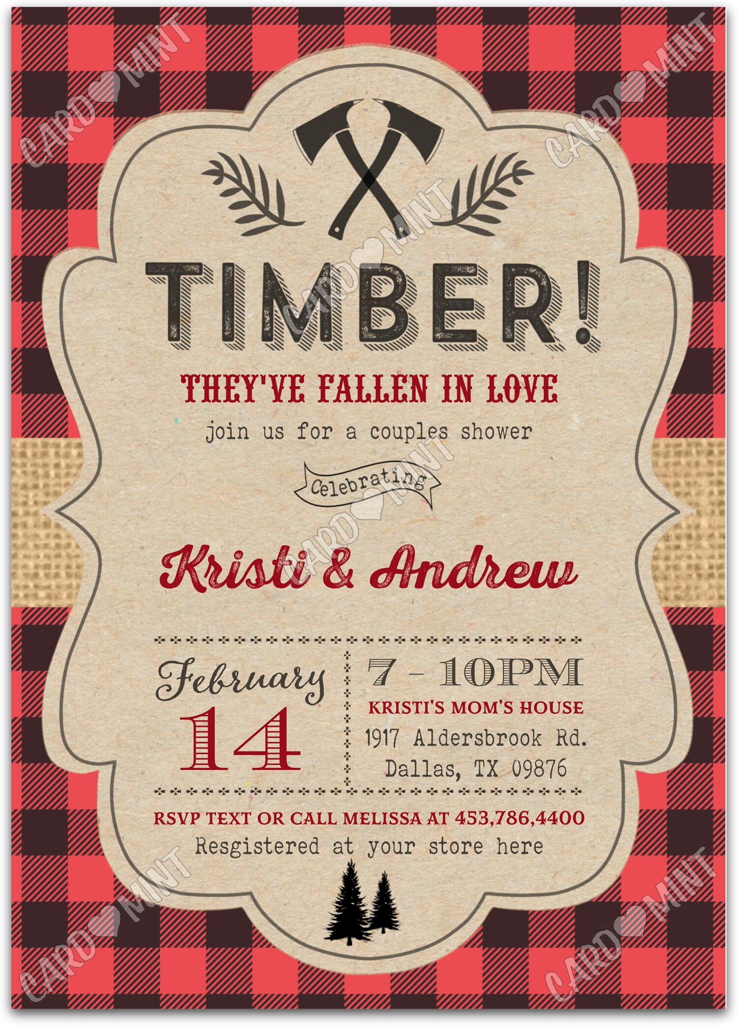 Editable Timber red fishing Douche nuptiale 5"x7" Invitation EV2024