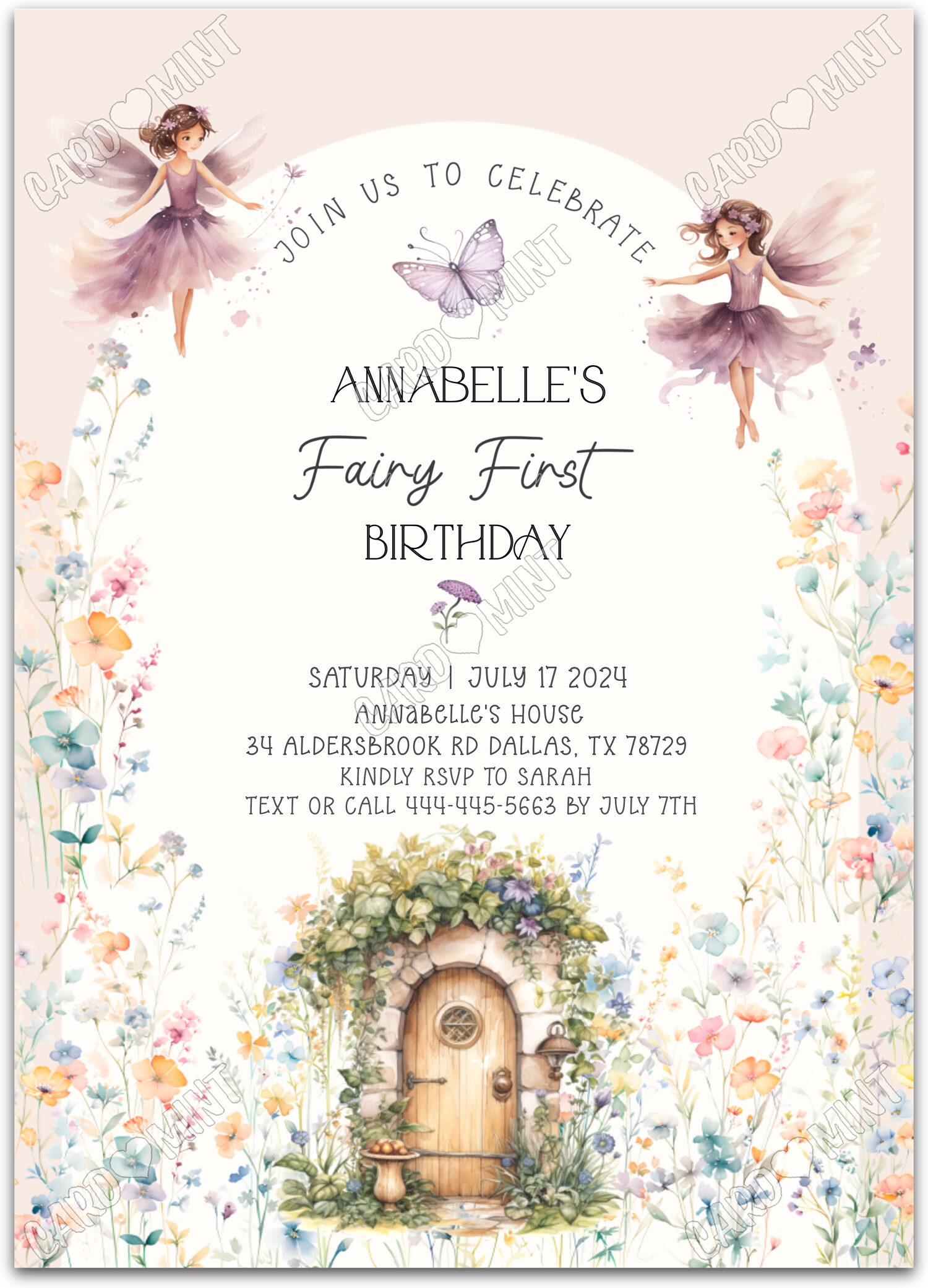 Editable Fairy First peach fairies & wildflowers & floral pattern girl First Birthday Party 5"x7" Invitation EV2026