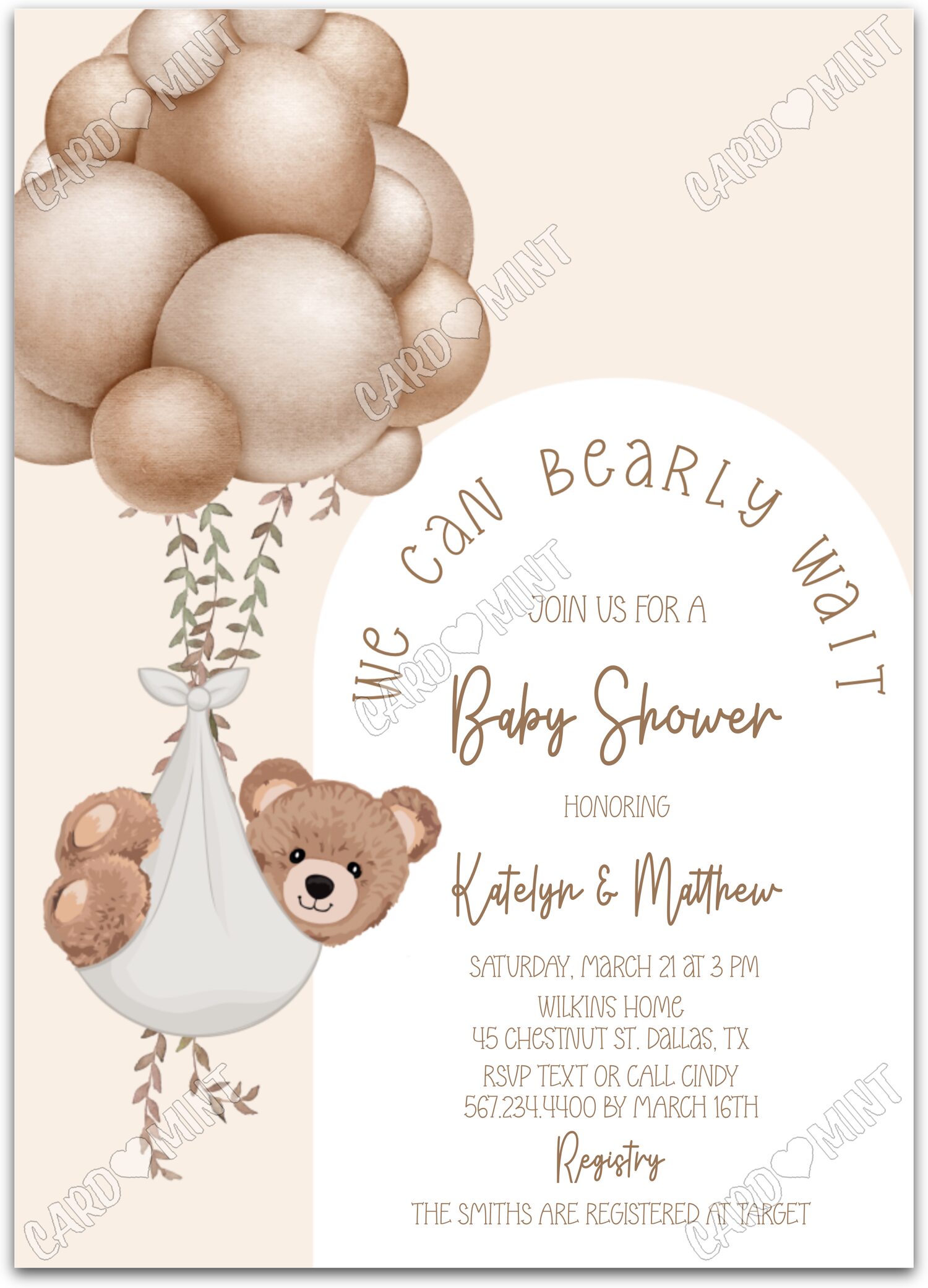 Editable Bearly Wait tan teddy bear & balloons neutral Douche de bébé 5"x7" Invitation EV2029