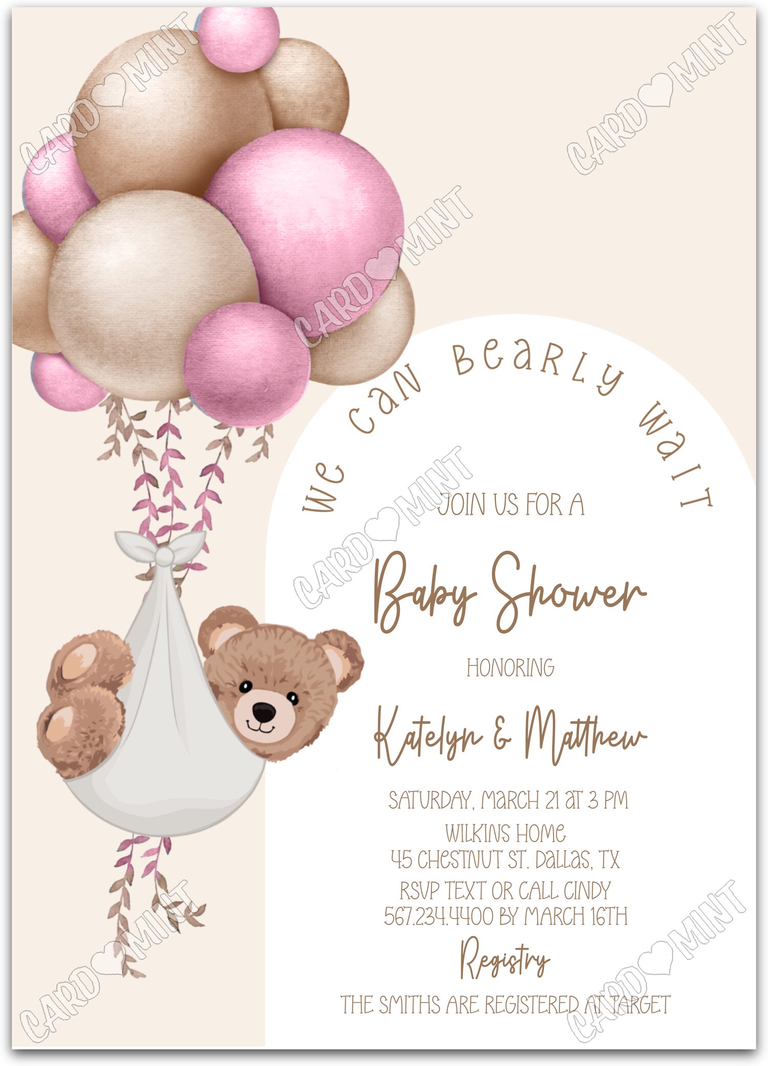 Editable Bearly Wait tan/pink teddy bear & balloons girl Douche de bébé 5"x7" Invitation EV2030