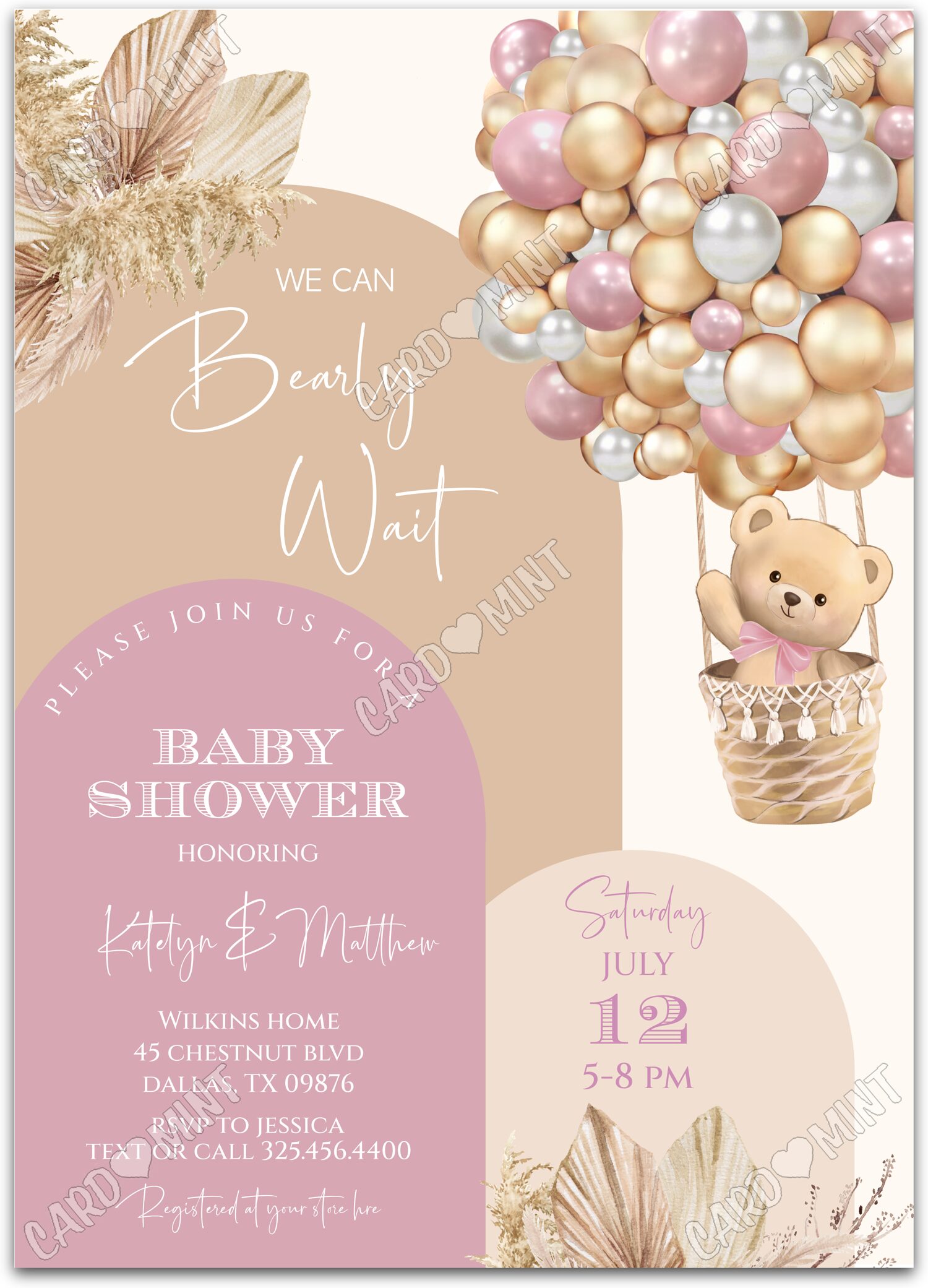 Editable Bearly Wait tan/pink teddy bear & hot air balloon arch girl Douche de bébé 5"x7" Invitation EV2031