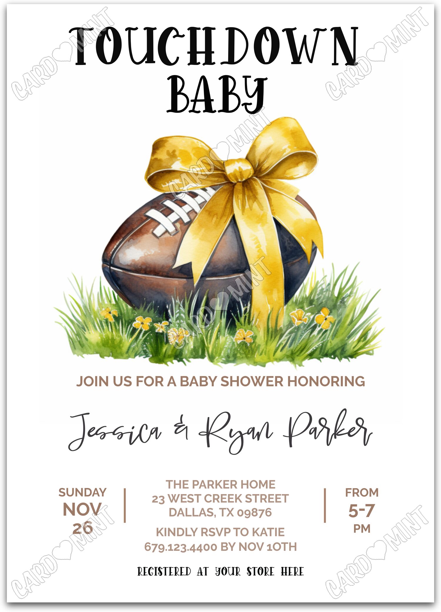 Editable Touchdown Baby yellow football & yellow bow neutral Baby Shower 5"x7" Invitation EV2033