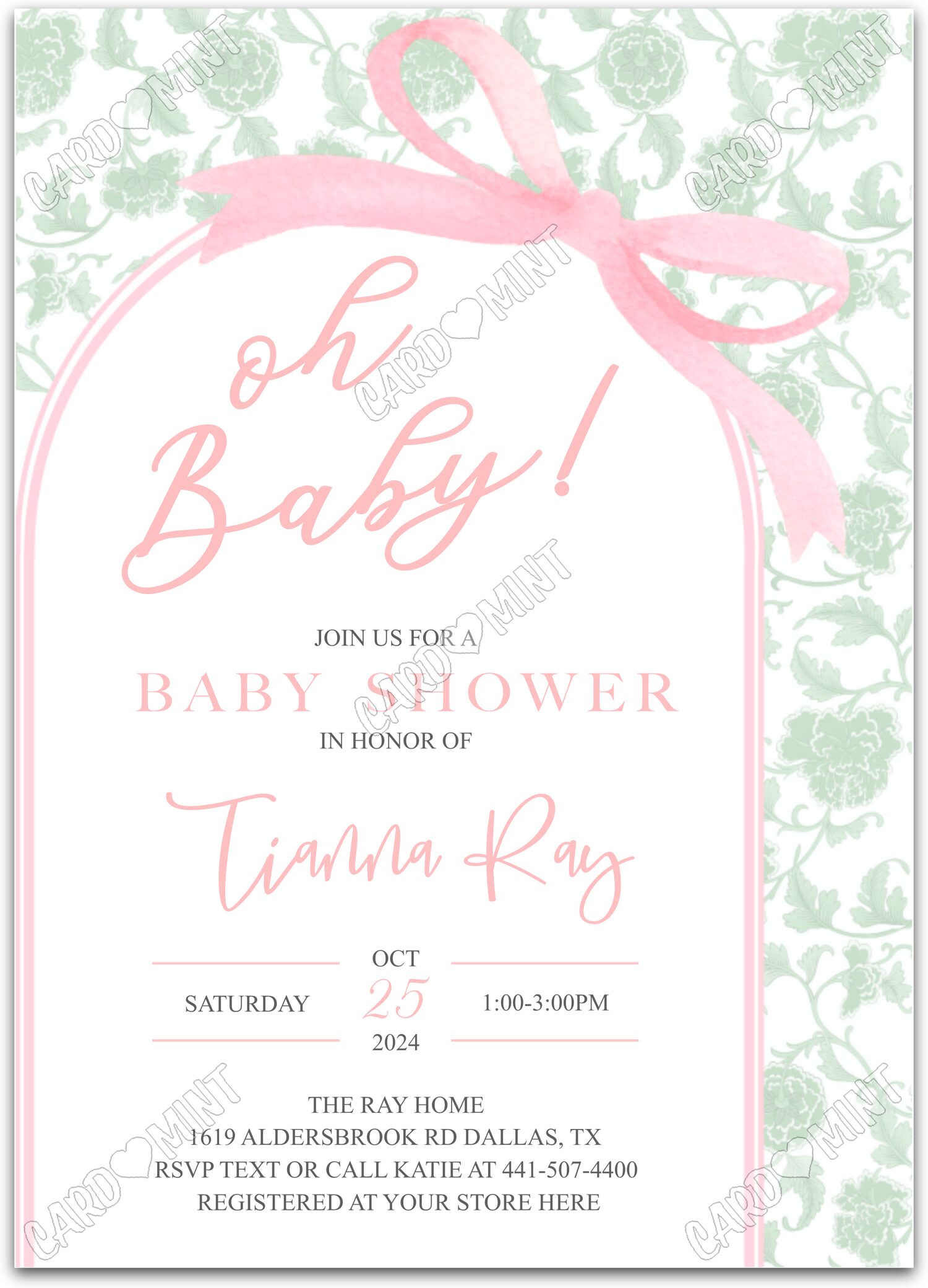 Editable Oh Baby green pink bow & chinoiserie pattern girl Douche de bébé 5"x7" Invitation EV2035