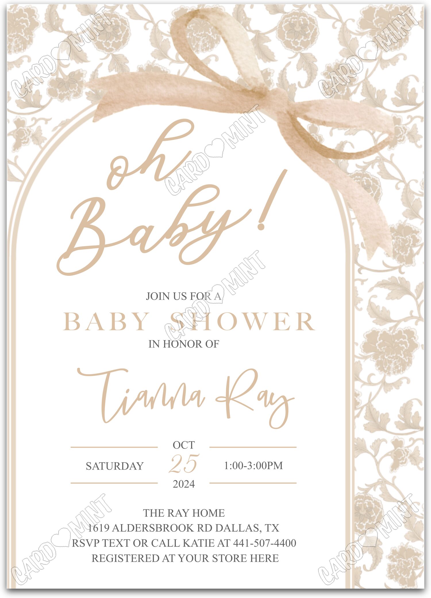 Editable Oh Baby beige brown bow & chinoiserie pattern neutral Baby Shower 5"x7" Invitation EV2036