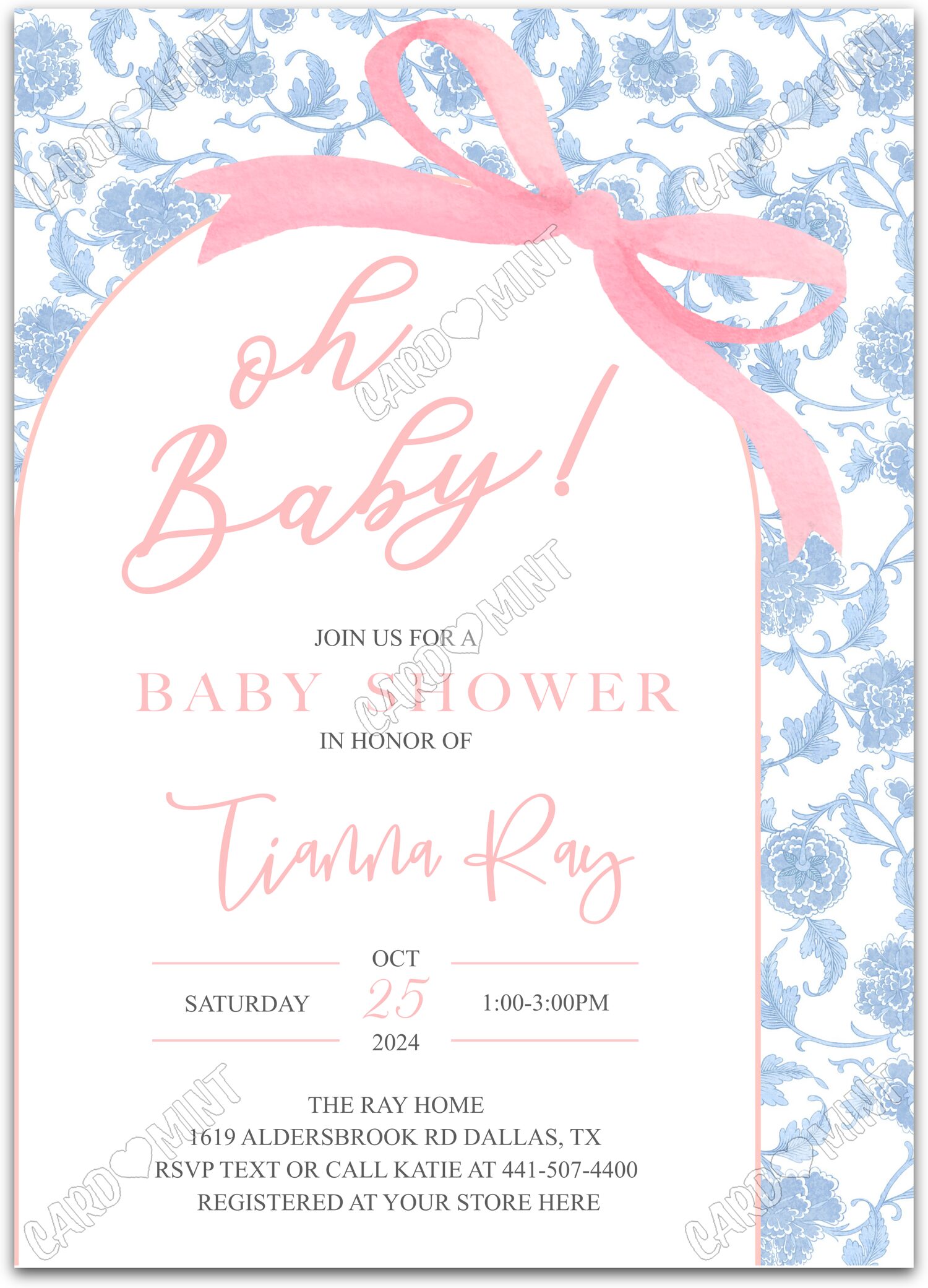 Editable Oh Baby pink/blue pink bow & chinoiserie pattern girl Baby Shower 5"x7" Invitation EV2037