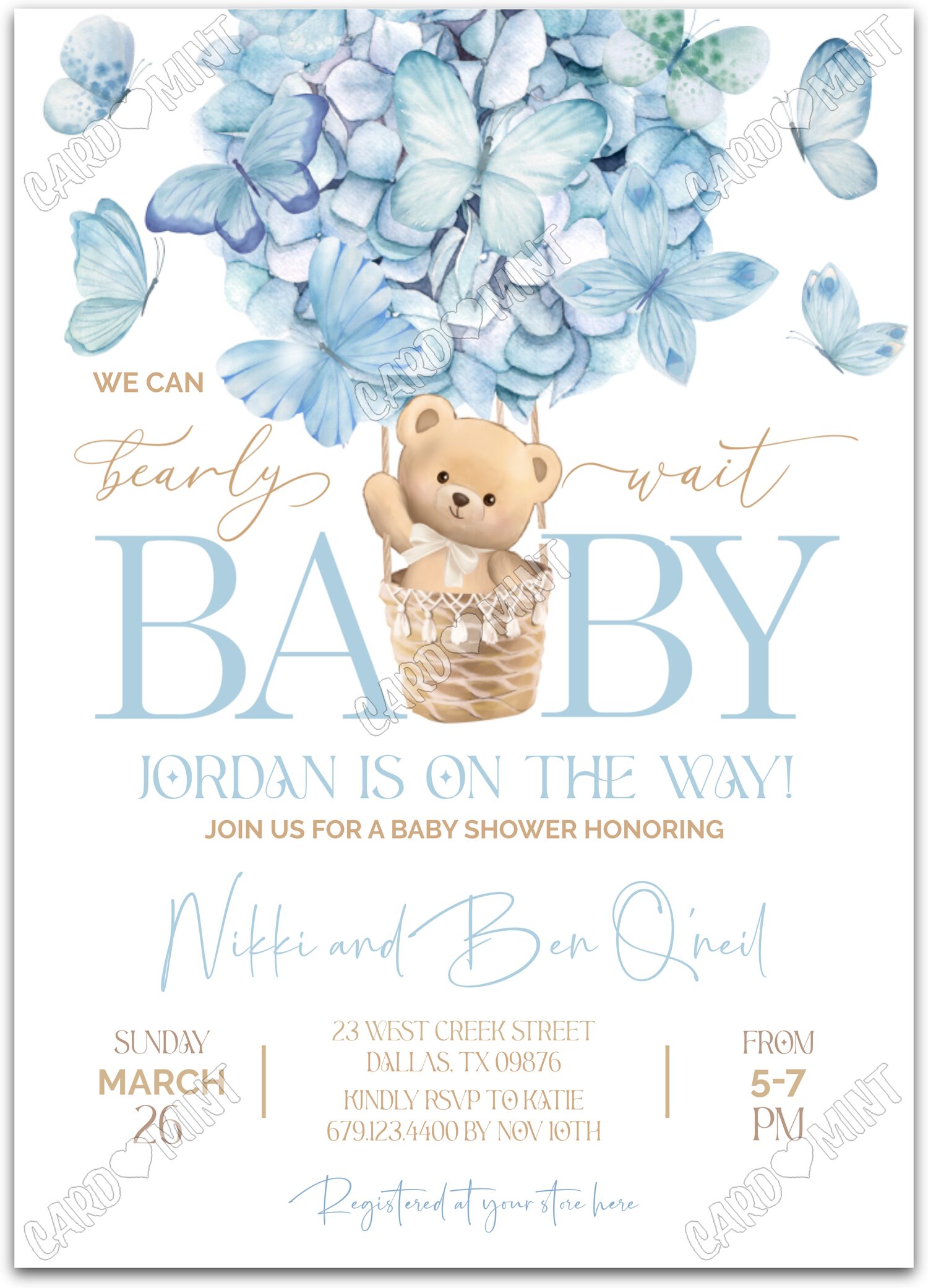 Editable Bearly Wait blue teddy bear & butterflies boy Baby Shower 5"x7" Invitation EV2039