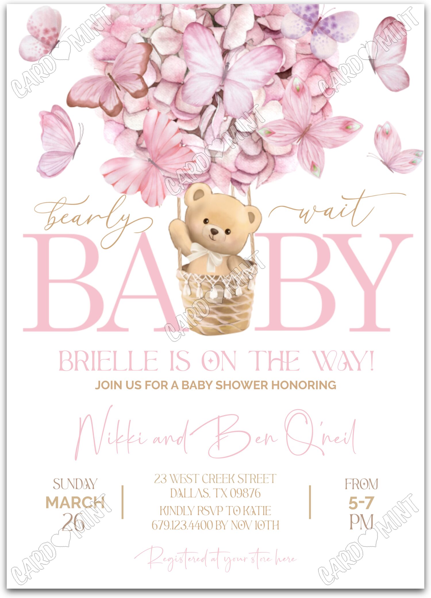 Editable Bearly Wait pink teddy bear & butterflies girl Douche de bébé 5"x7" Invitation EV2040