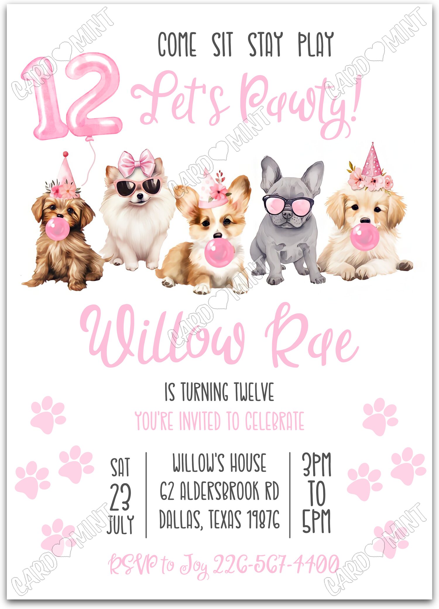 Editable Let's Pawty pink puppies blowing bubbles girl 12th Birthday Party 5"x7" Invitation EV2041-12