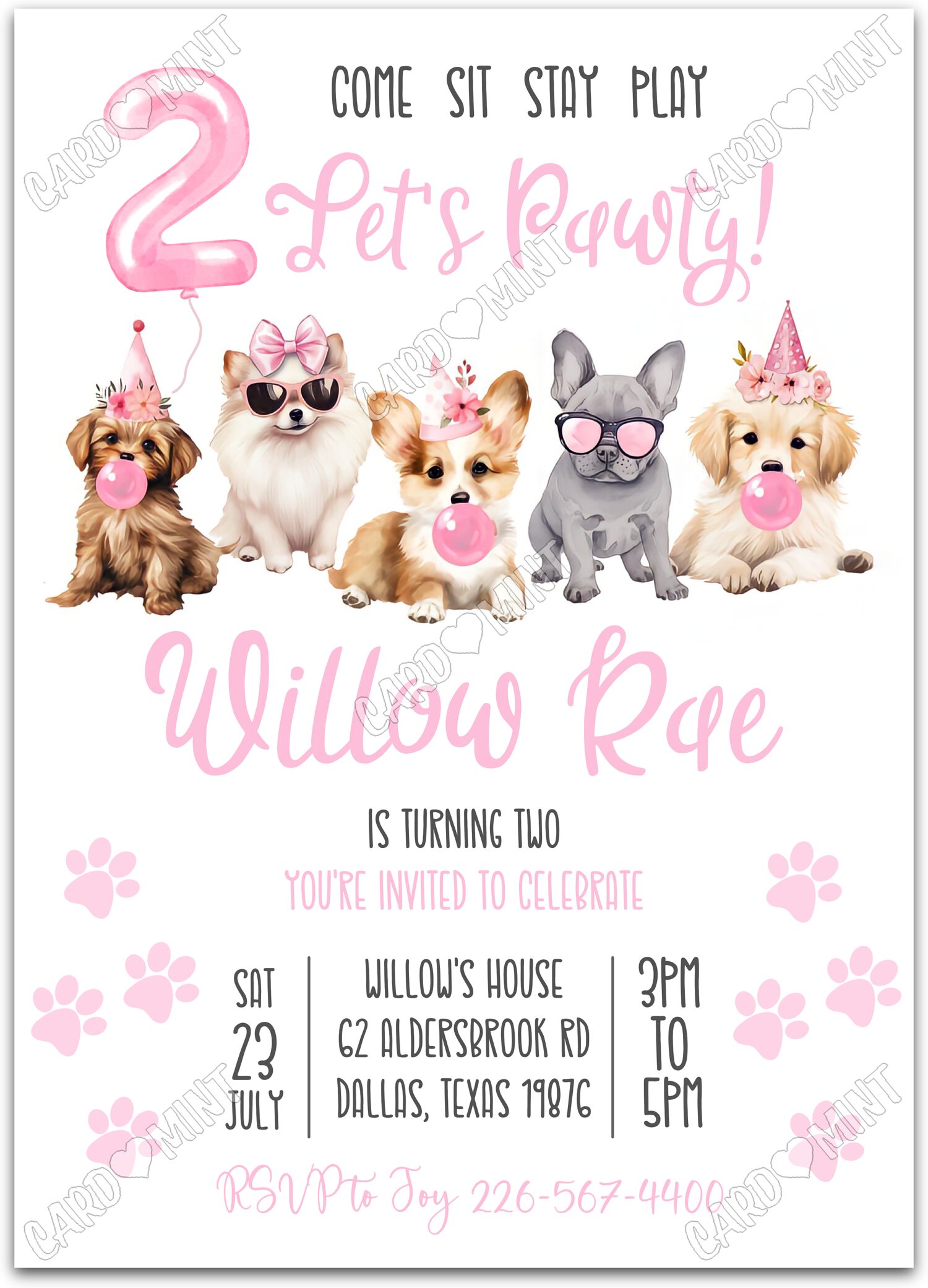 Editable Let's Pawty pink puppies blowing bubbles girl 2nd Birthday Party 5"x7" Invitation EV2041-2