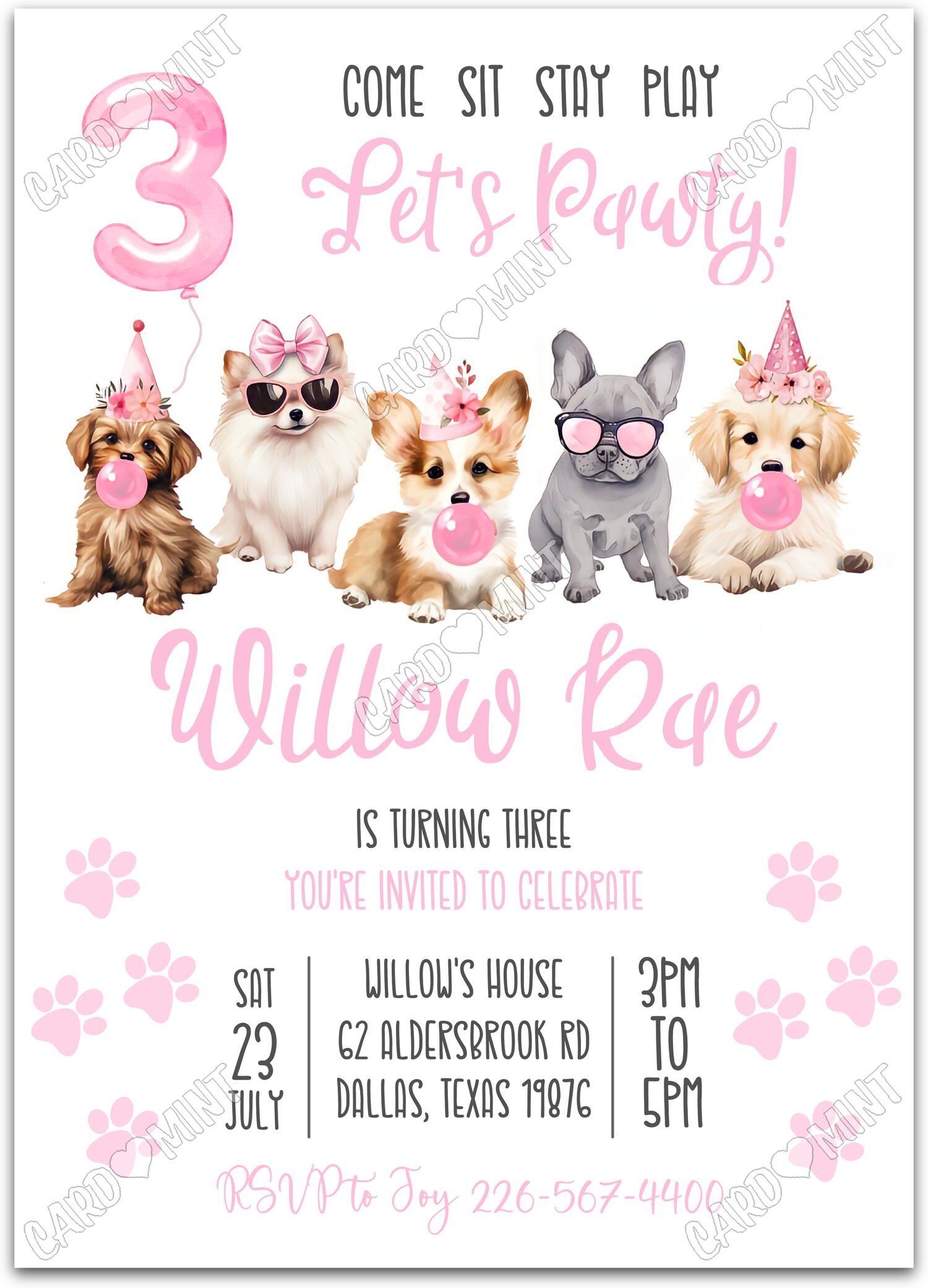 Editable Let's Pawty pink puppies blowing bubbles girl 3rd Birthday Party 5"x7" Invitation EV2041-3