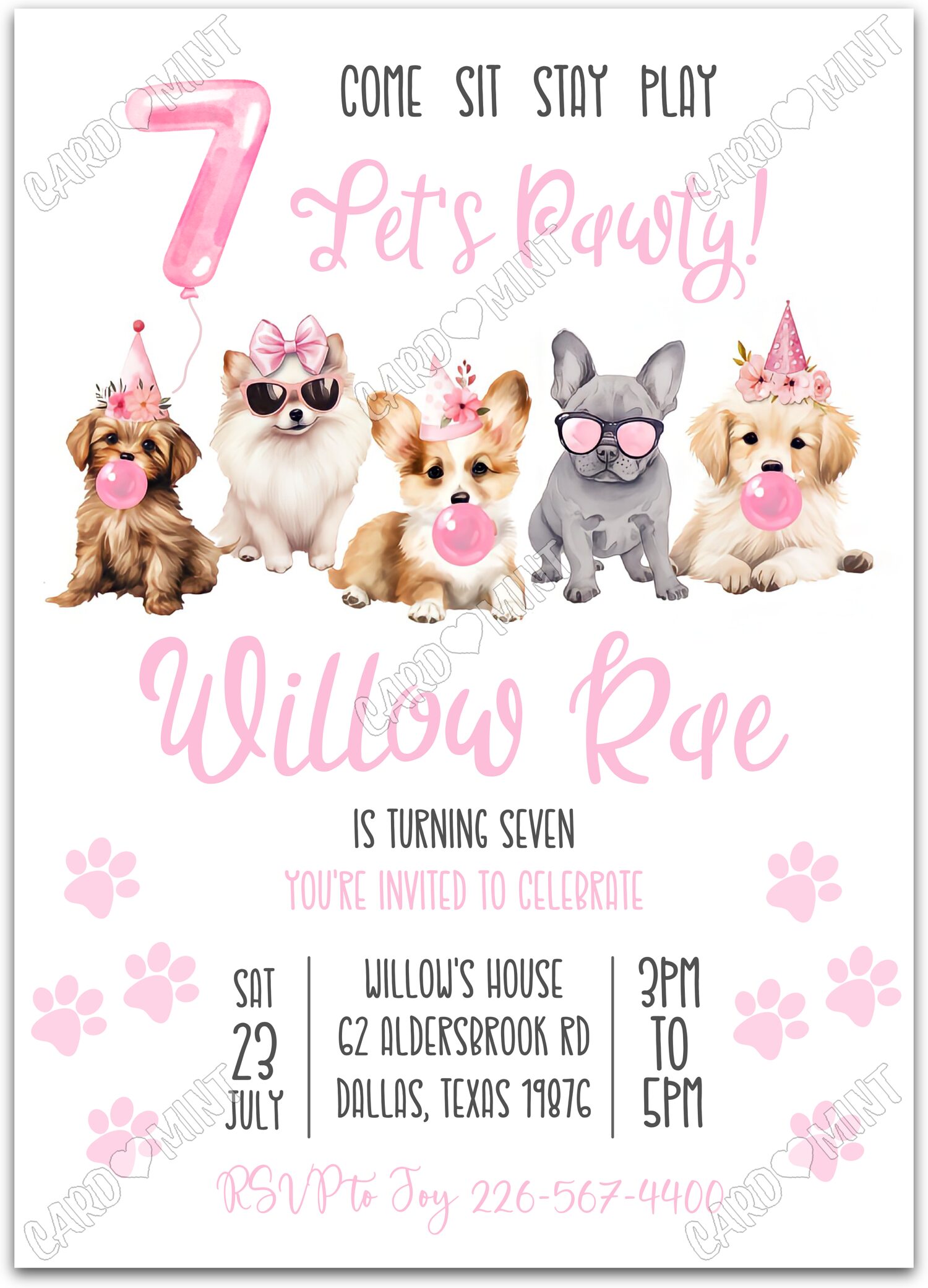 Editable Let's Pawty pink puppies blowing bubbles girl 7th Birthday Party 5"x7" Invitation EV2041-7