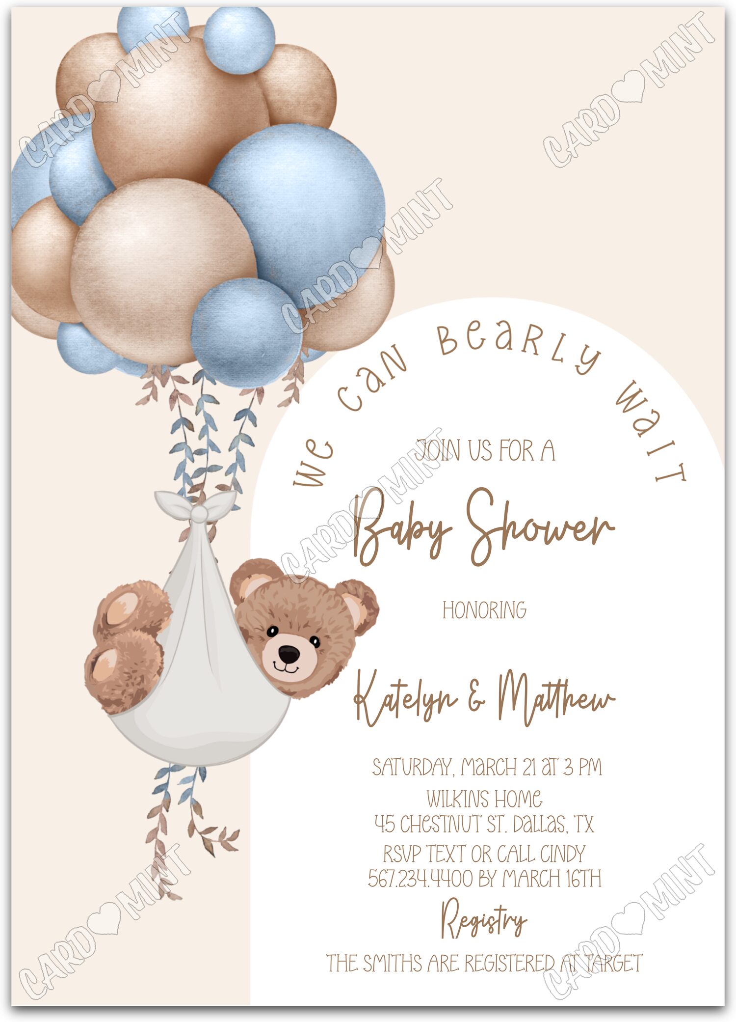Editable Bearly Wait blue/tan teddy bear & balloons boy Baby Shower 5"x7" Invitation EV2051