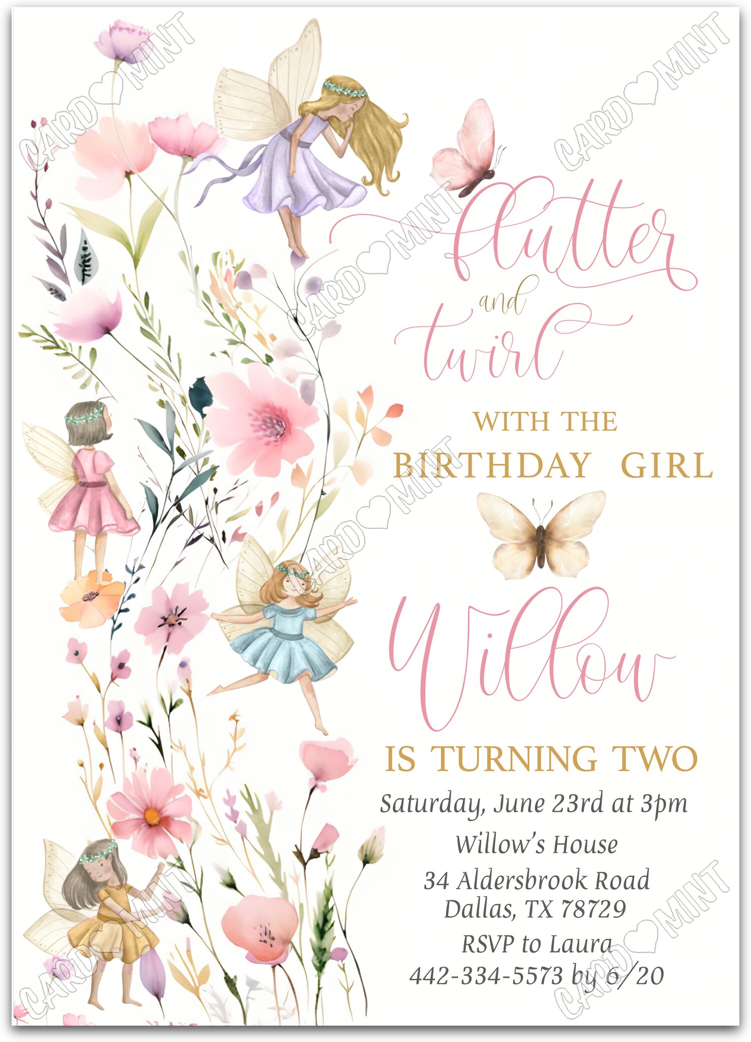 Editable Flutter & Twirl colorful blonde fairy & wildflowers Birthday Party 5"x7" Invitation EV2064