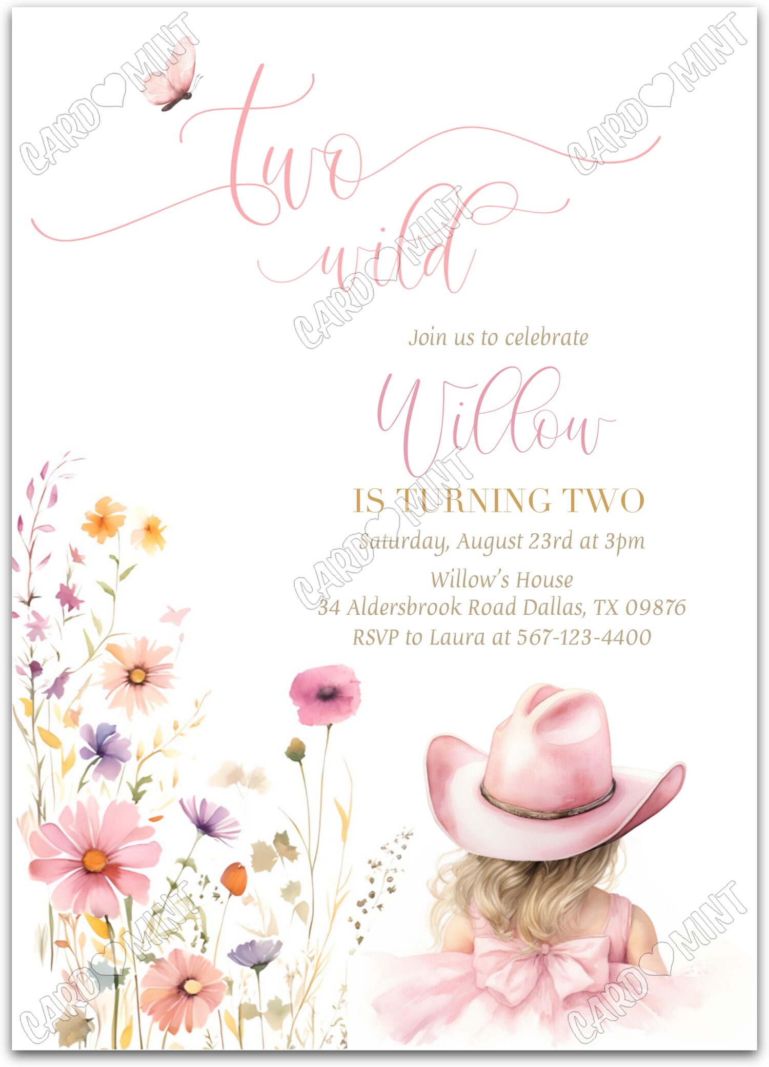 Editable Two Wild cowgirl & floral pattern girl 2nd Birthday Party Invitation EV2065