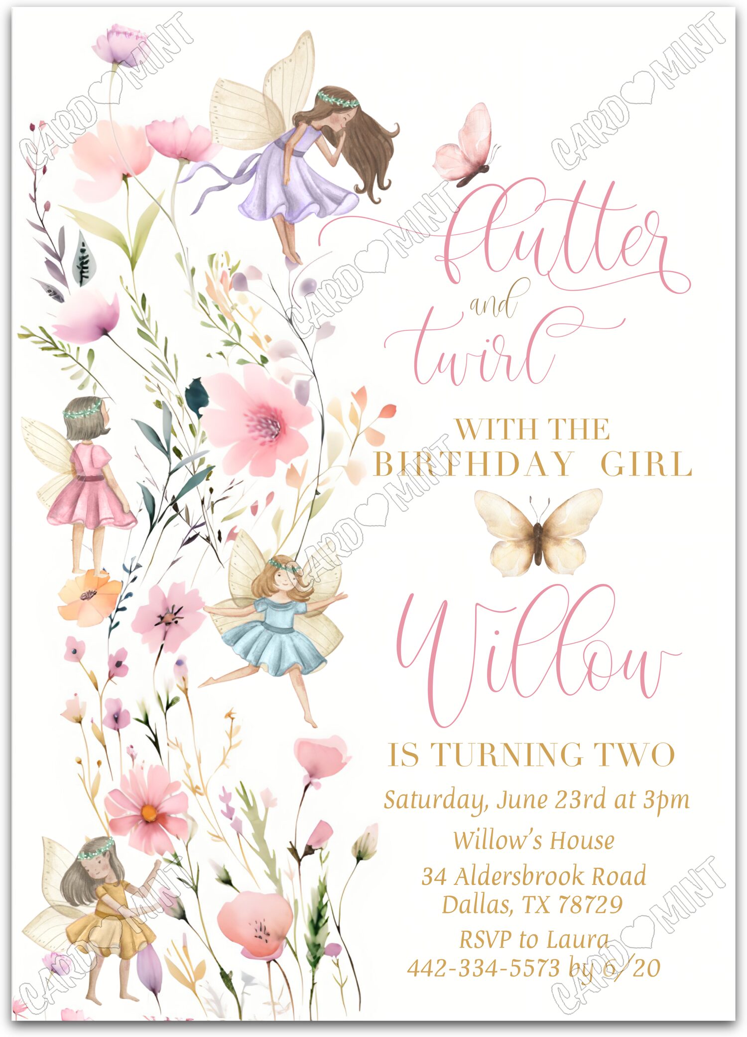 Editable Flutter & Twirl colorful brunette fairy & wildflowers Birthday Party 5"x7" Invitation EV2066