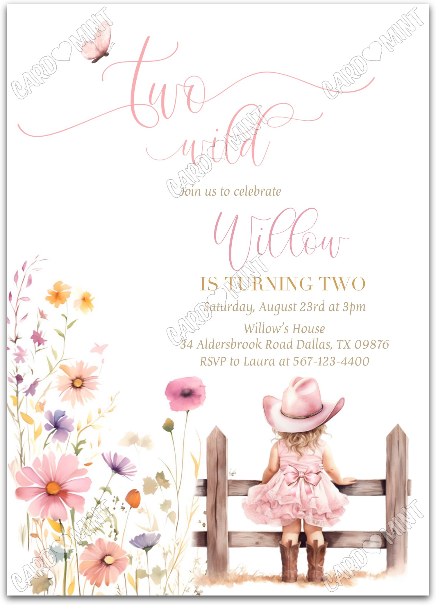 Editable Two Wild cowgirl at fence & floral pattern girl 2nd Birthday Party Invitation EV2067