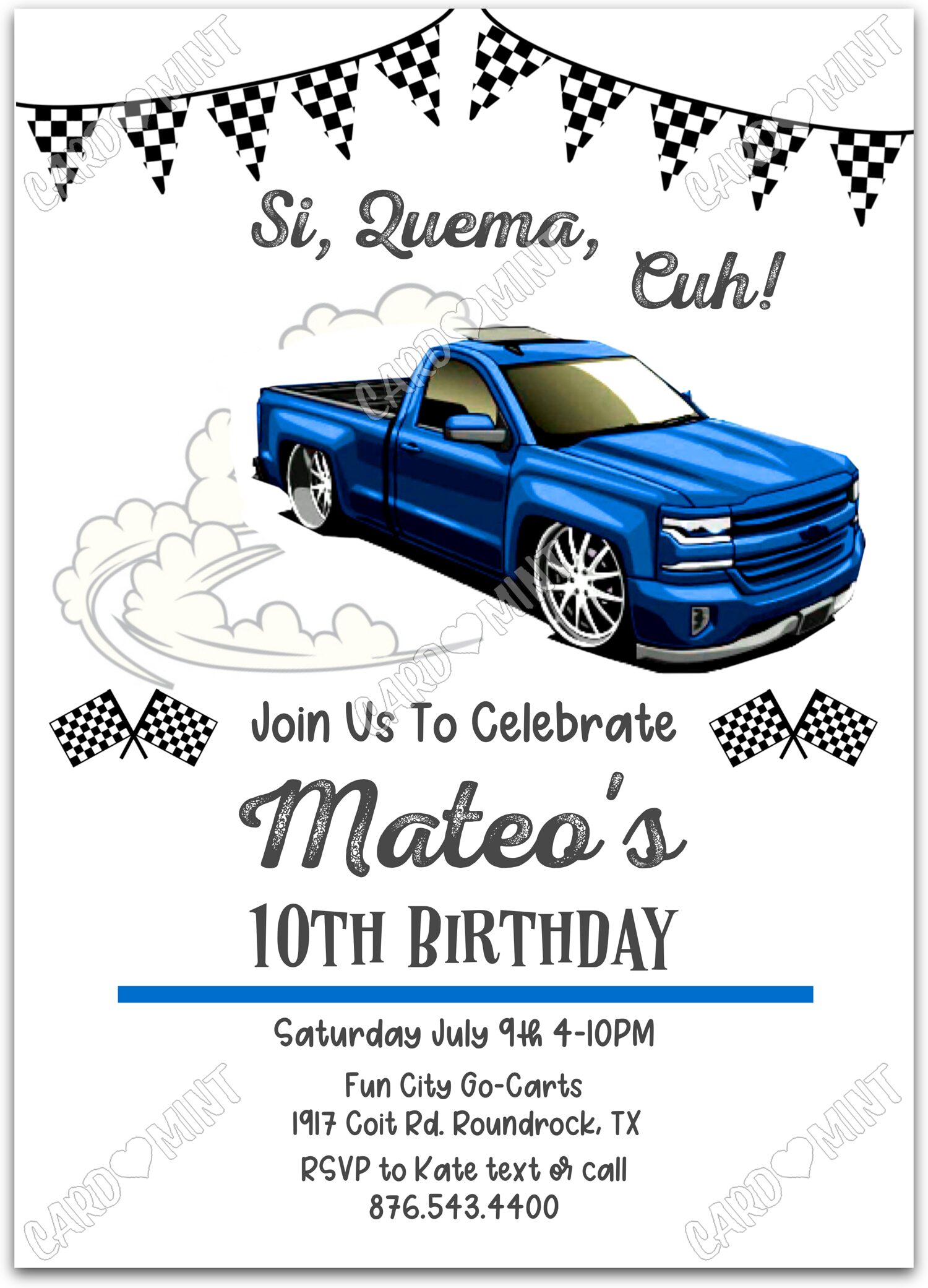 Editable Si, Quema, Cuh white blue racing truck and checkered flags boy Birthday Party 5"x7" Invitation EV2072