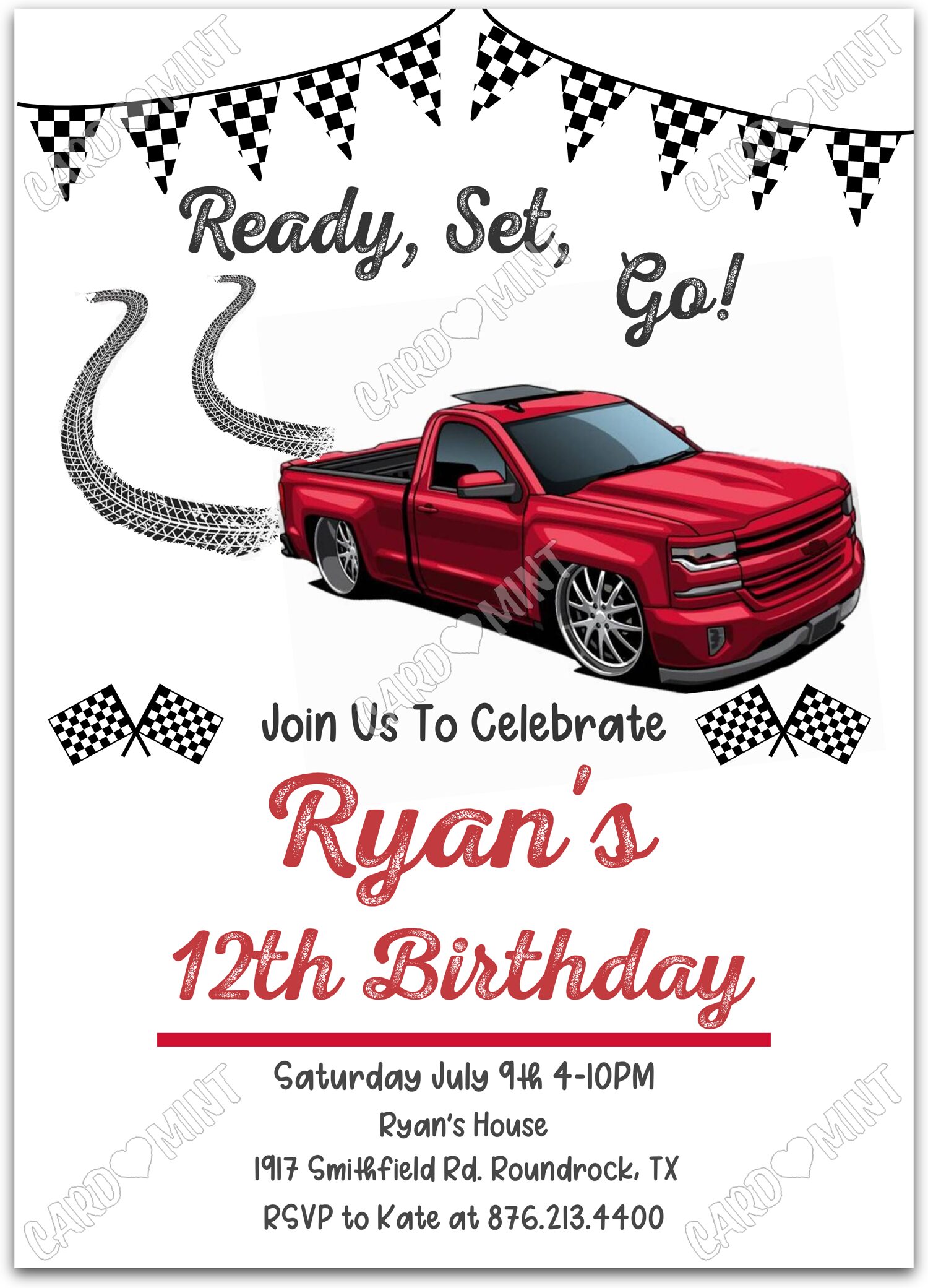 Editable Ready, Set, Go white red racing truck, tire tracks and checkered flags boy Birthday Party 5"x7" Invitation EV2073