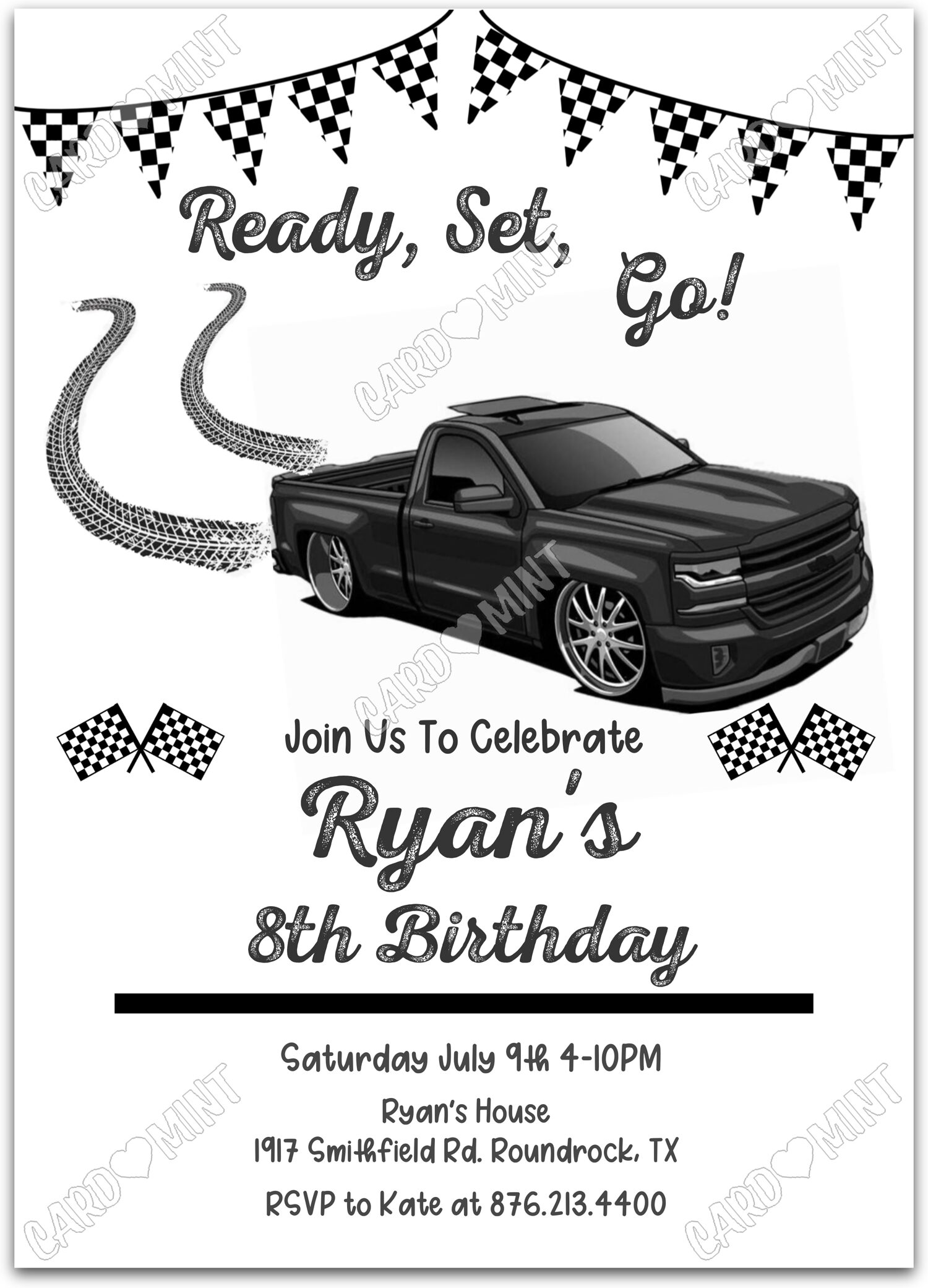 Editable Ready, Set, Go white black racing truck, tracks and checkered flags boy Birthday Party 5"x7" Invitation EV2074