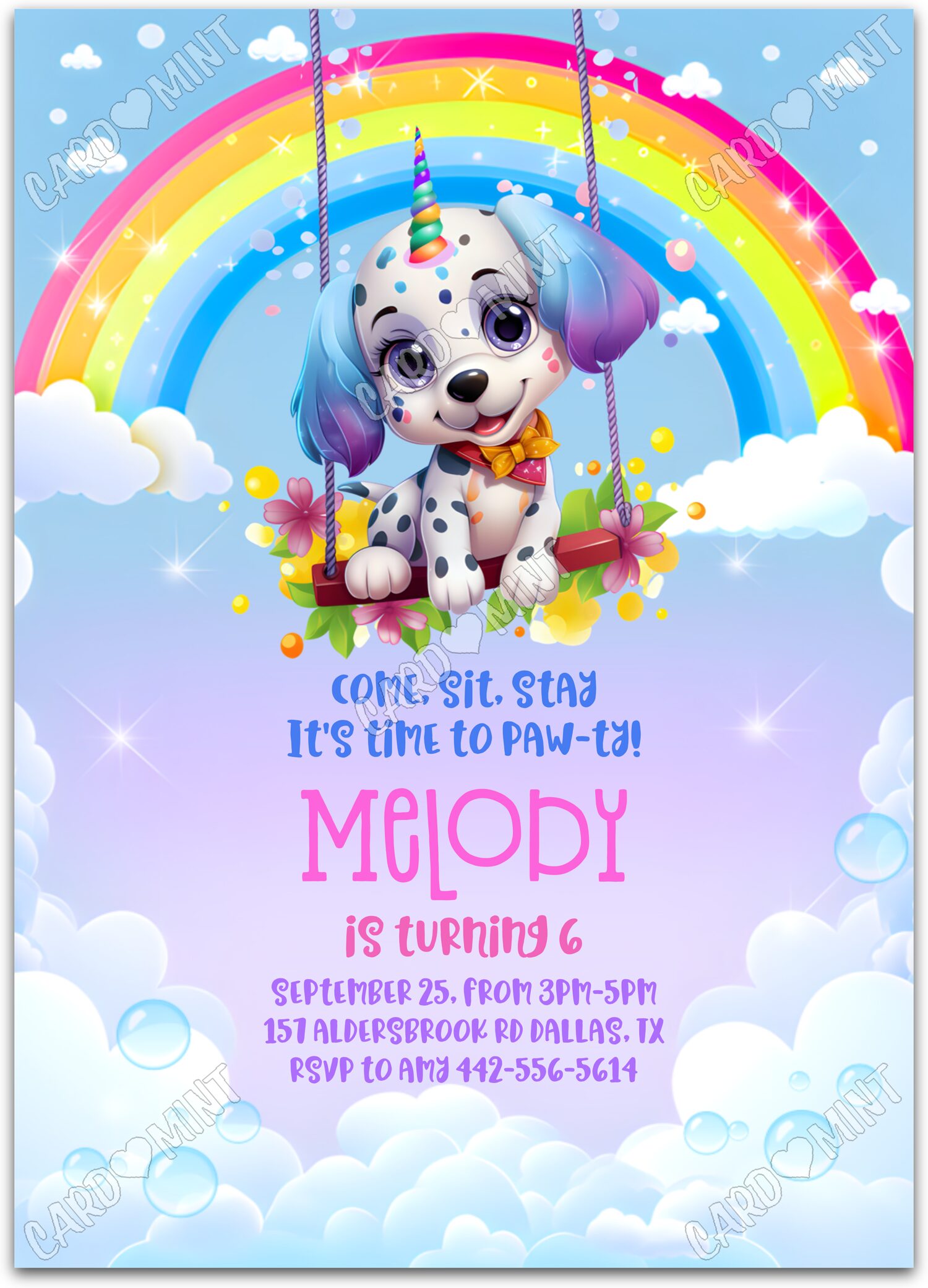 Editable Come, Sit, Stay rainbow spotted puppy girl Birthday Party 5"x7" Invitation EV2075