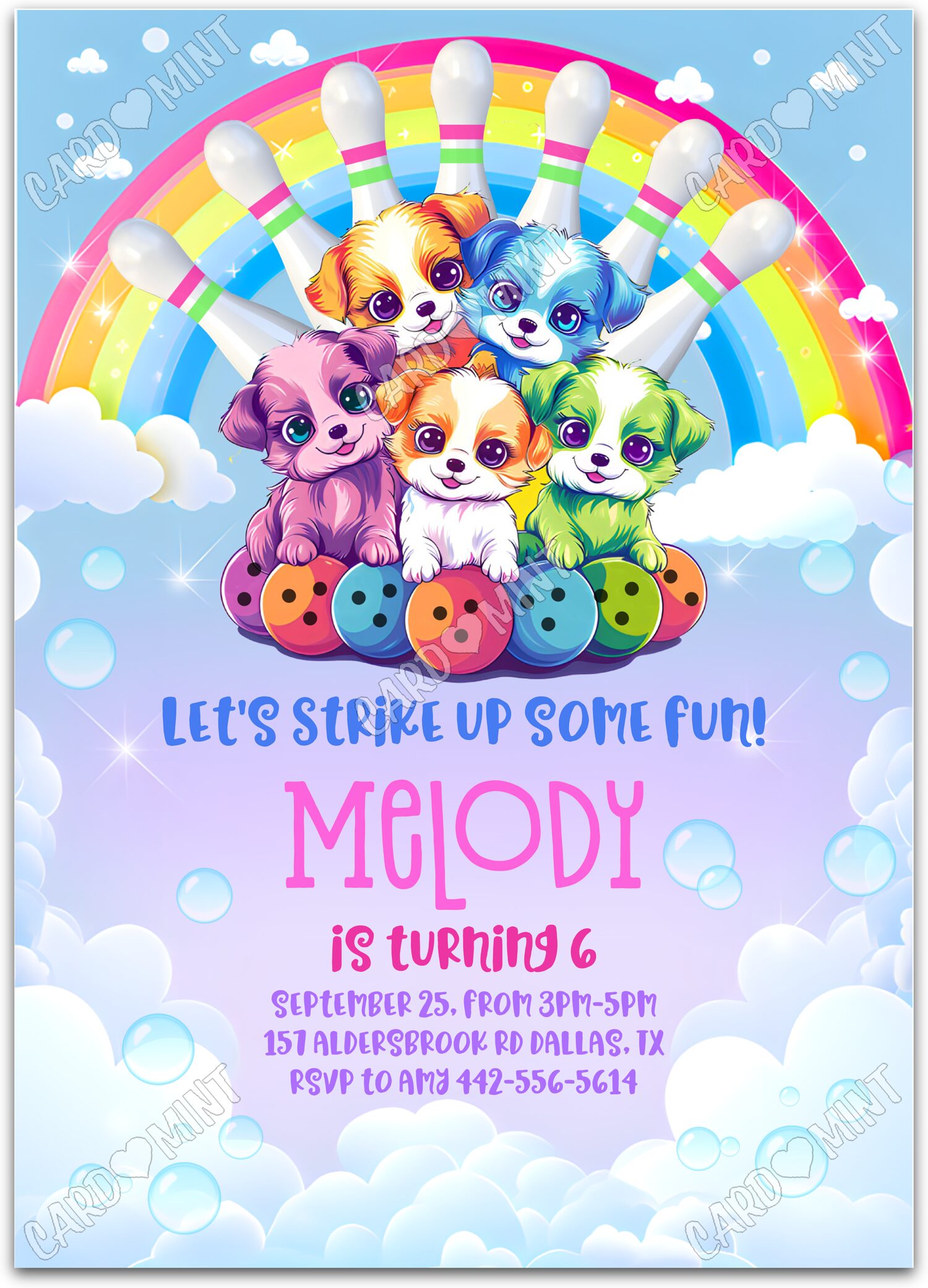Editable Let's Strike Up Some Fun rainbow bowling puppies girl Birthday Party 5"x7" Invitation EV2076