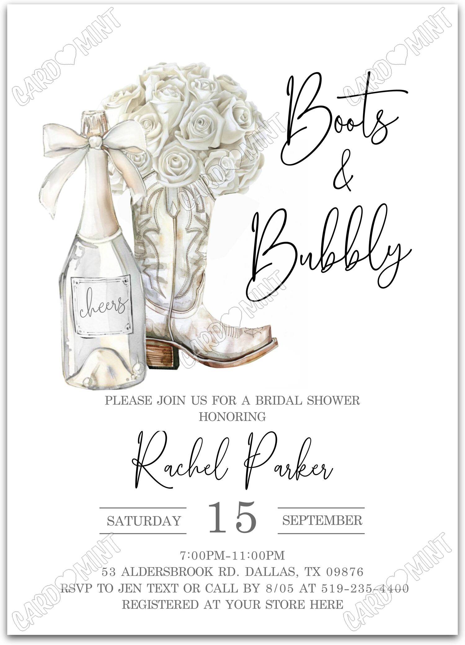 Editable Boots & Bubbly white champagne, boots & white roses Douche nuptiale 5"x7" Invitation EV2079