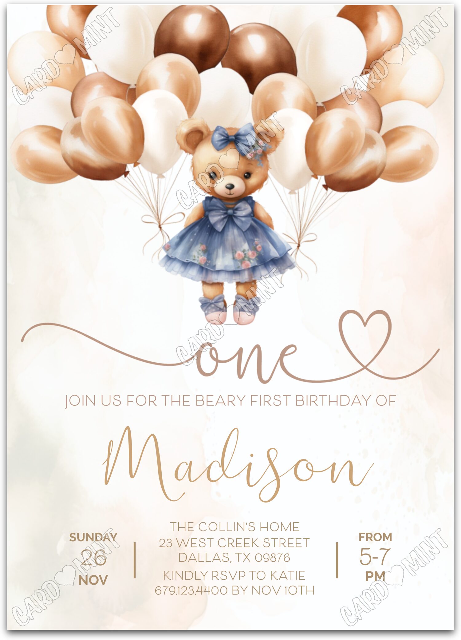 Editable Beary First Birthday blue/tan teddy bear & balloons girl First Birthday Party Invitation EV2080