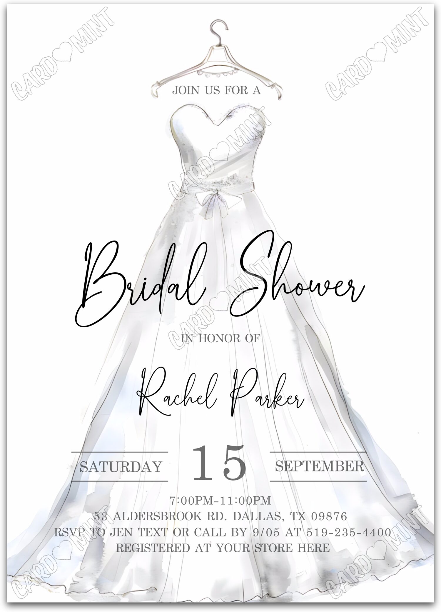 Editable Bridal Shower white wedding dress Bridal Shower 5"x7" Invitation EV2082