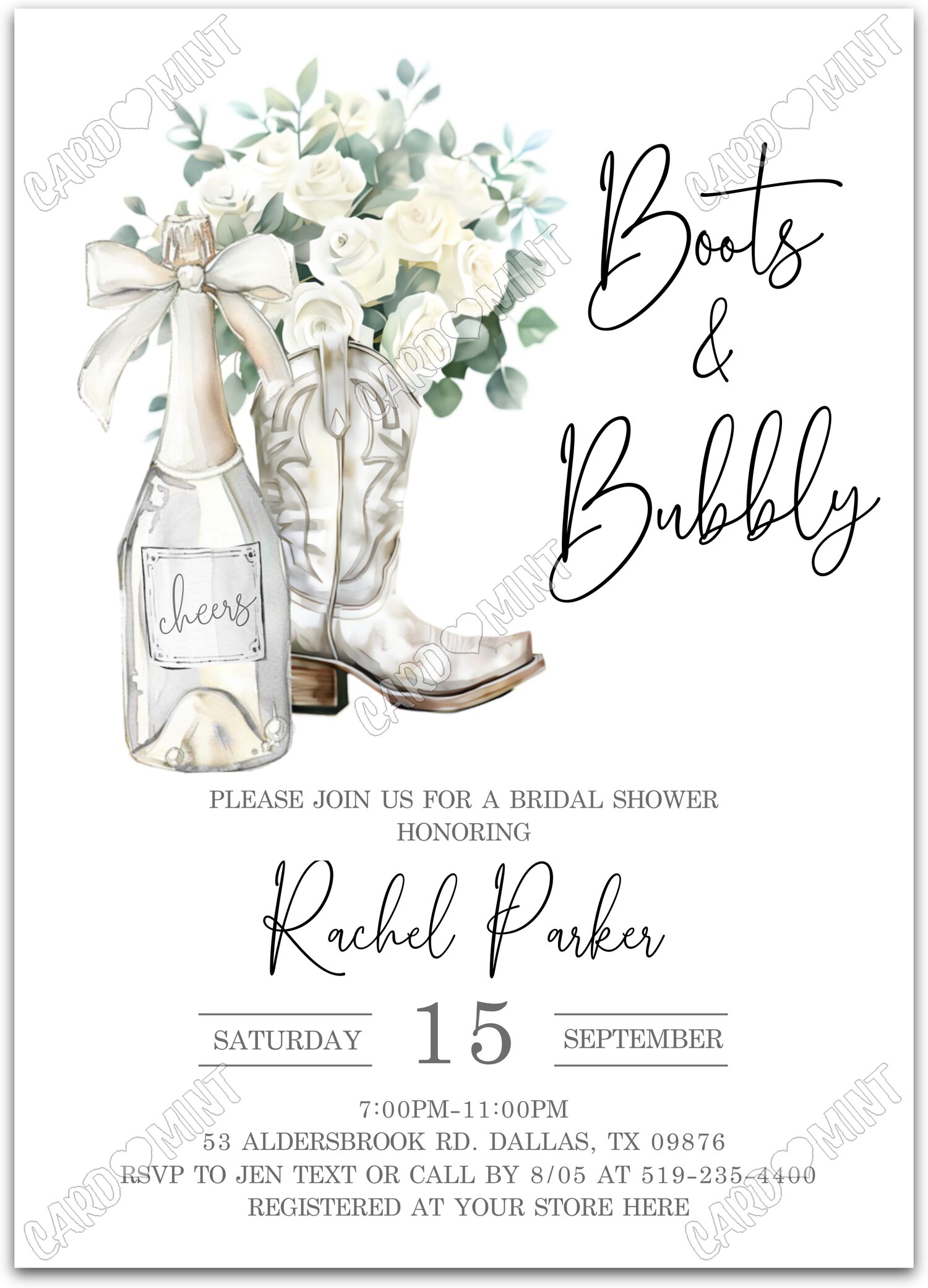 Editable Boots & Bubbly white champagne, boots & white roses/leaves Douche nuptiale 5"x7" Invitation EV2083