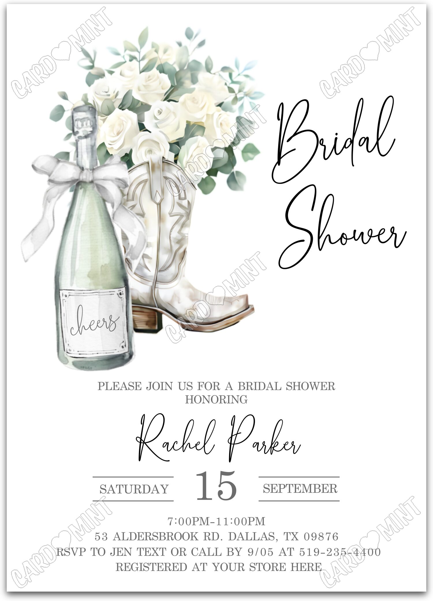 Editable Boots & Bubbly white champagne w/bow, boots & white roses/leaves Douche nuptiale 5"x7" Invitation EV2084