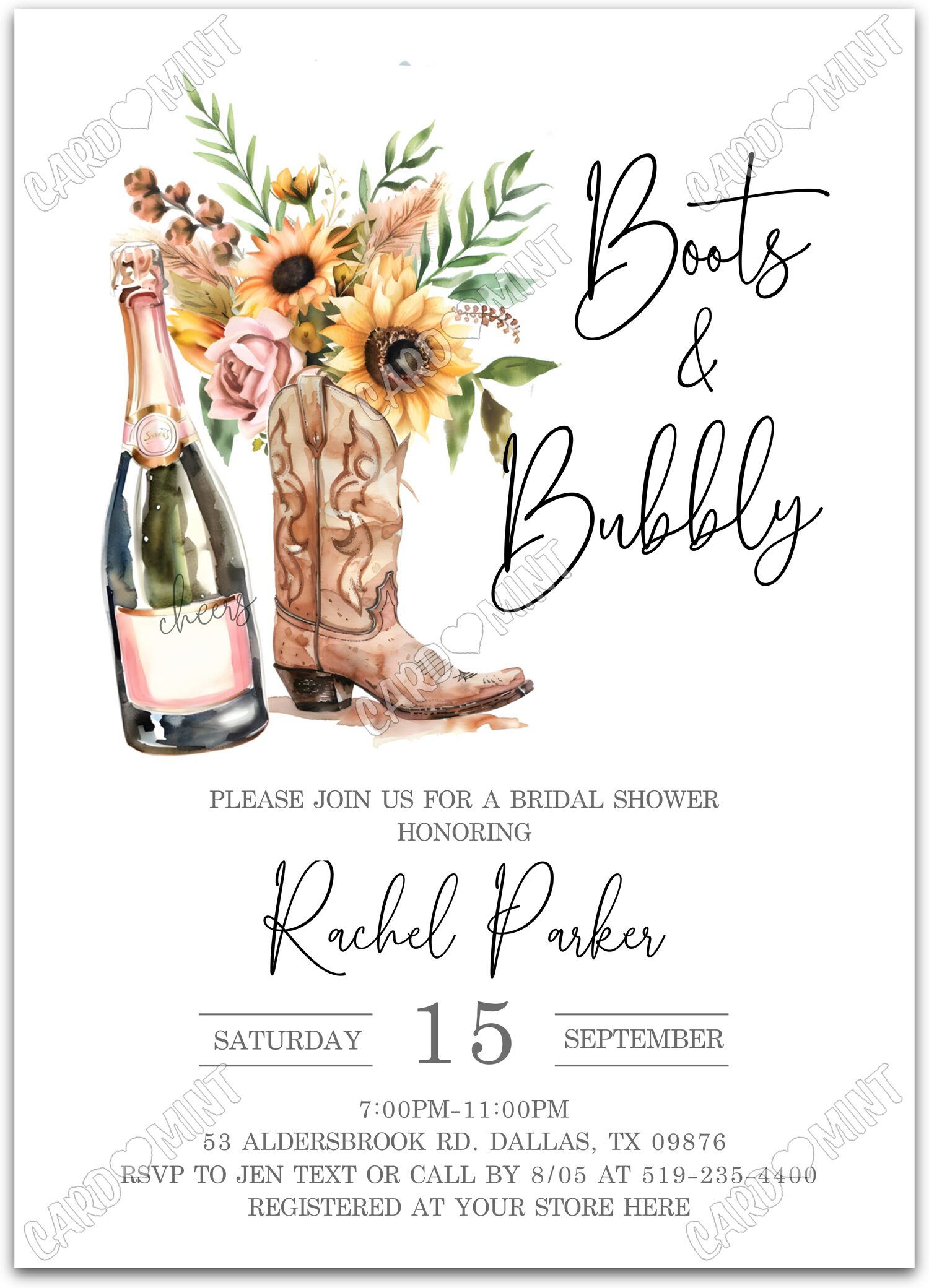Editable Boots & Bubbly white champagne, boots & sunflowers/leaves Douche nuptiale 5"x7" Invitation EV2085