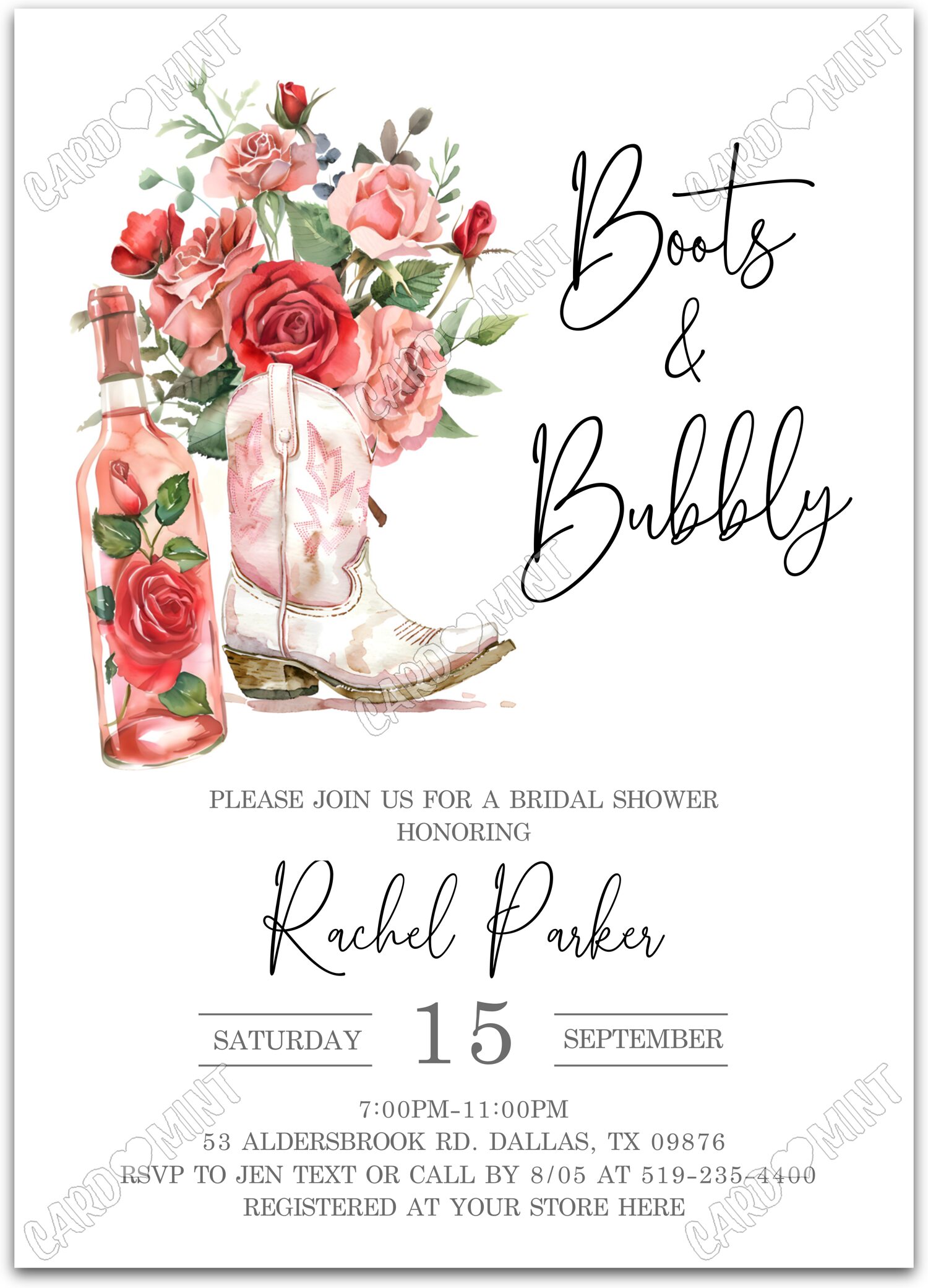 Editable Boots & Bubbly white champagne, boots & red/pink roses/leaves Douche nuptiale 5"x7" Invitation EV2086