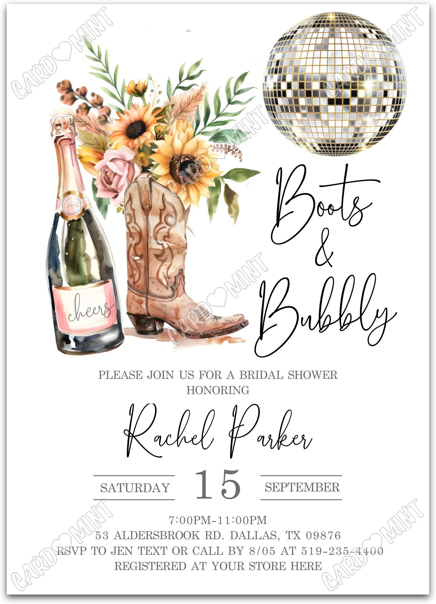 Editable Boots & Bubbly white champagne, boots, sunflowers/leaves & disco ball Bridal Shower 5"x7" Invitation EV2087