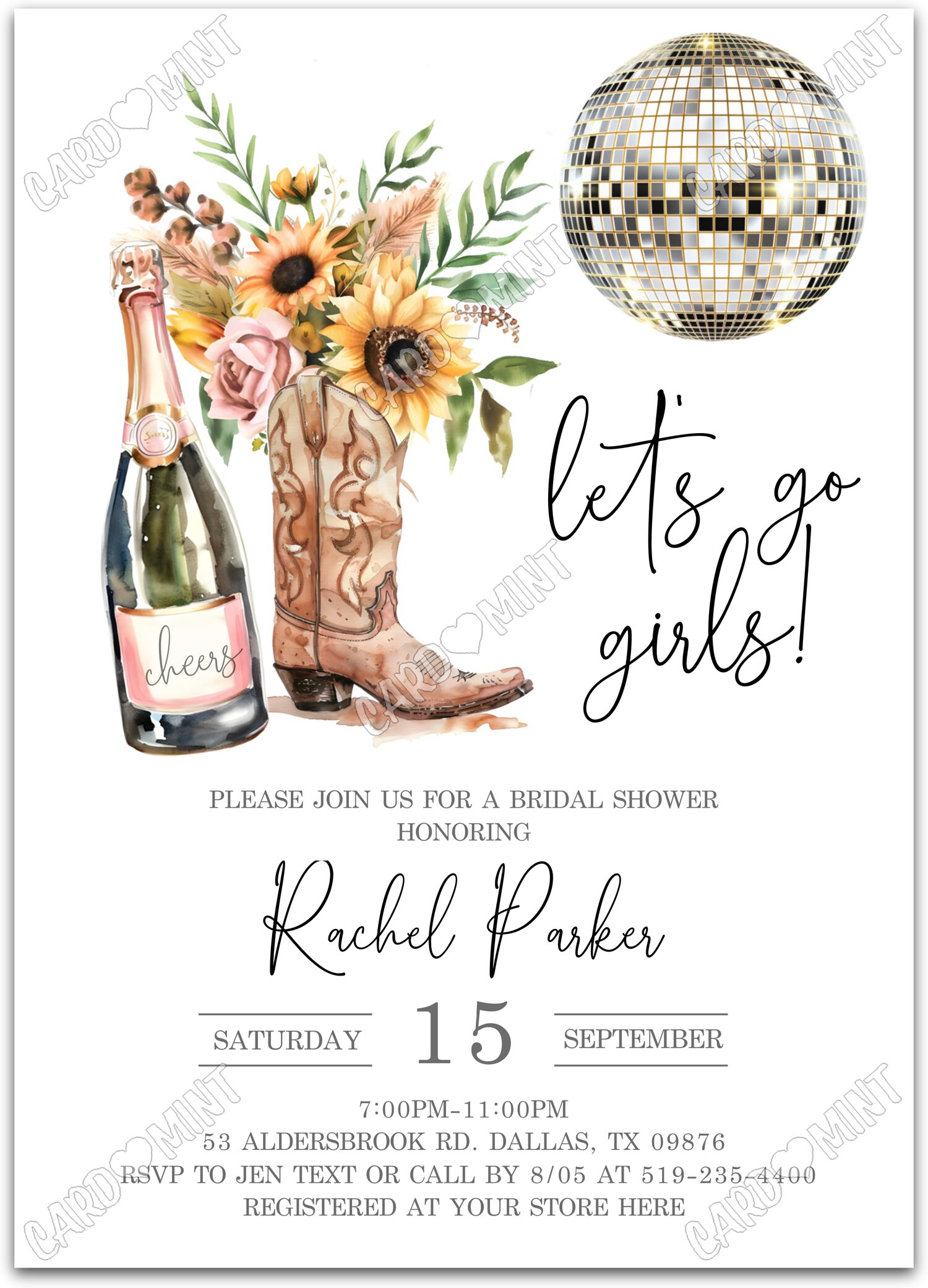Editable Let's Go Girls white champagne, boots, sunflowers/leaves & disco ball Douche nuptiale 5"x7" Invitation EV2088