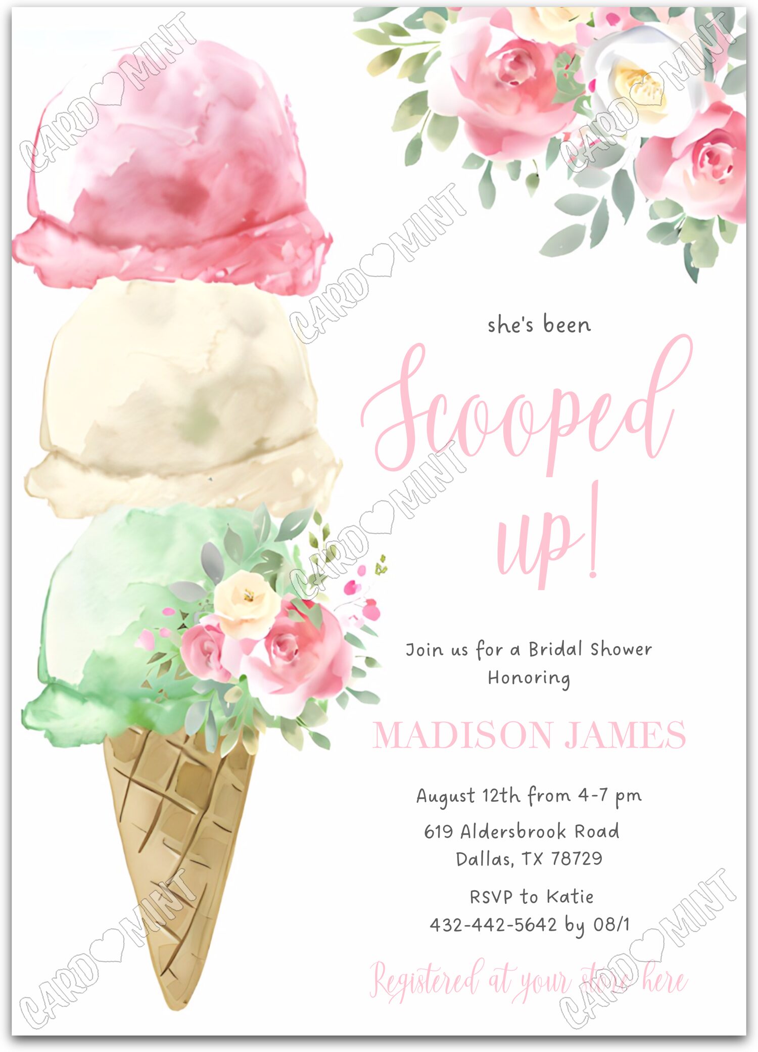 Editable Scooped Up white ice cream cones & floral pattern Bridal Shower 5"x7" Invitation EV2091