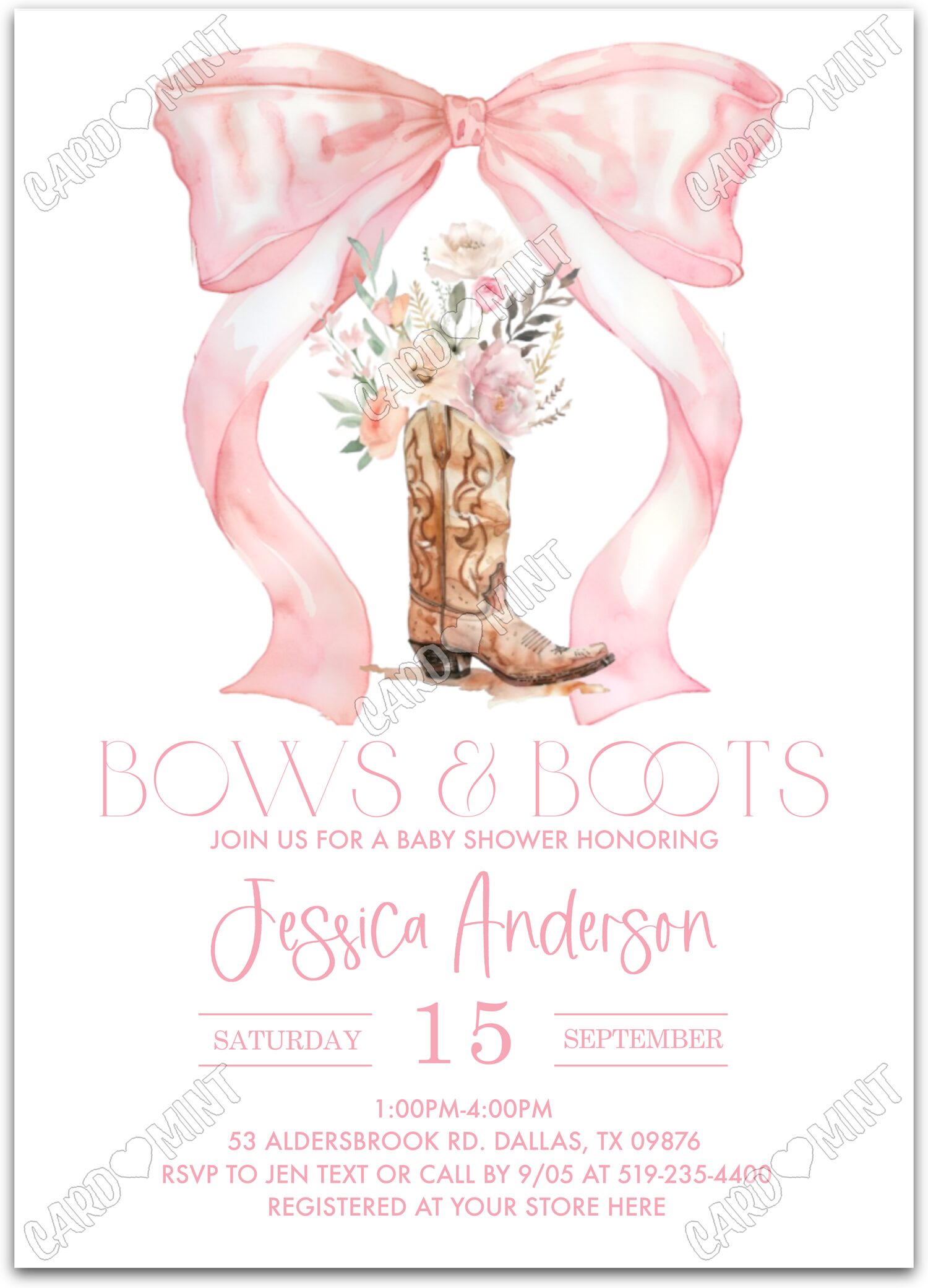 Editable Bows & Boots pink bow & boot girl Douche de bébé 5"x7" Invitation EV2092